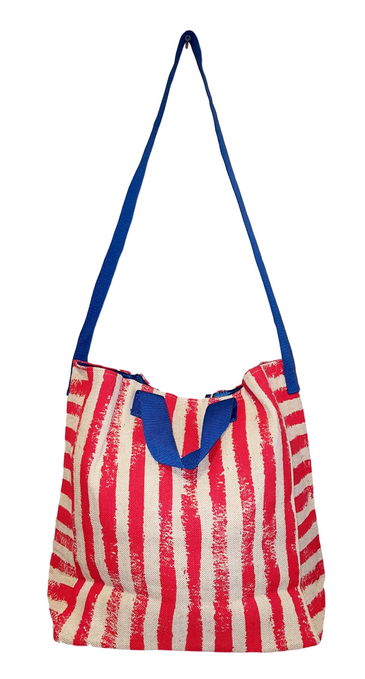 2 in 1 Large Beach Tote Bag with Custom Embroidery - Red Stripe & Blue Trim Crossbody Shoulder Bag for Women | Perfect for Travel, Shopping & Summer Outings