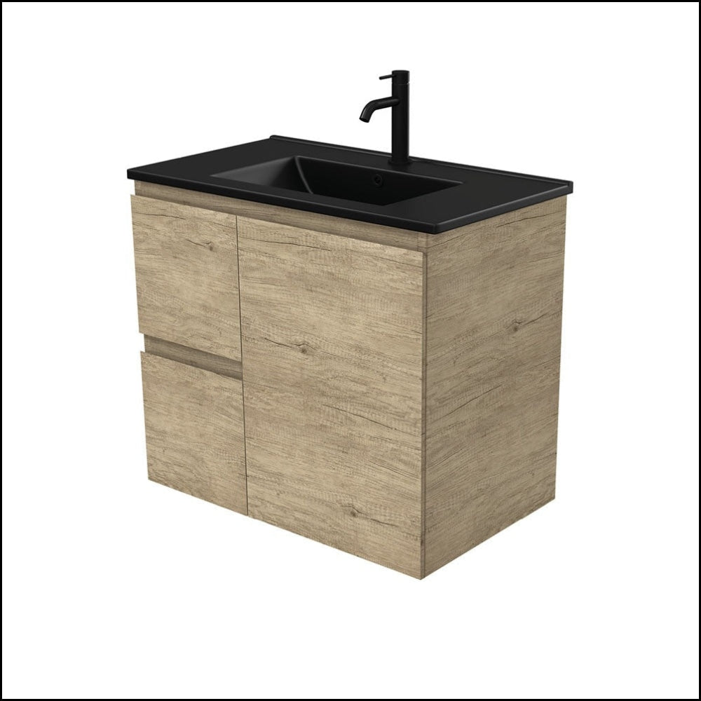 Fienza Dolce TCLB75SL 750mm Modern Wall-Mounted Bathroom Vanity with Matte Black Finish & Scandi Oak Left Drawers - Perfect for Small Bathrooms, Powder Rooms & Contemporary Home Decor