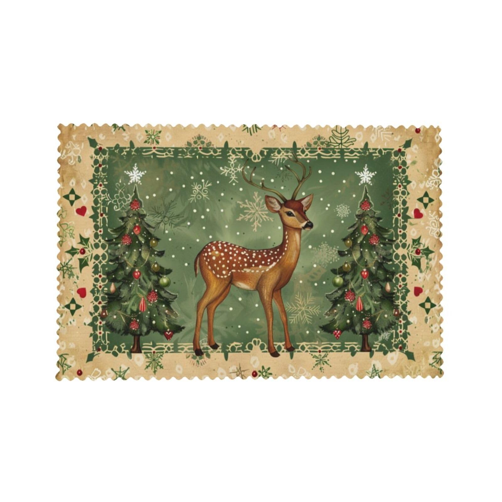 4-Pack Christmas Tree Placemats Set - 12x18 Inch Snowflake & Deer Design Washable Heat-Resistant Table Mats for Kitchen Dining - Perfect for Holiday Decorations, Family Gatherings & Festive Meals