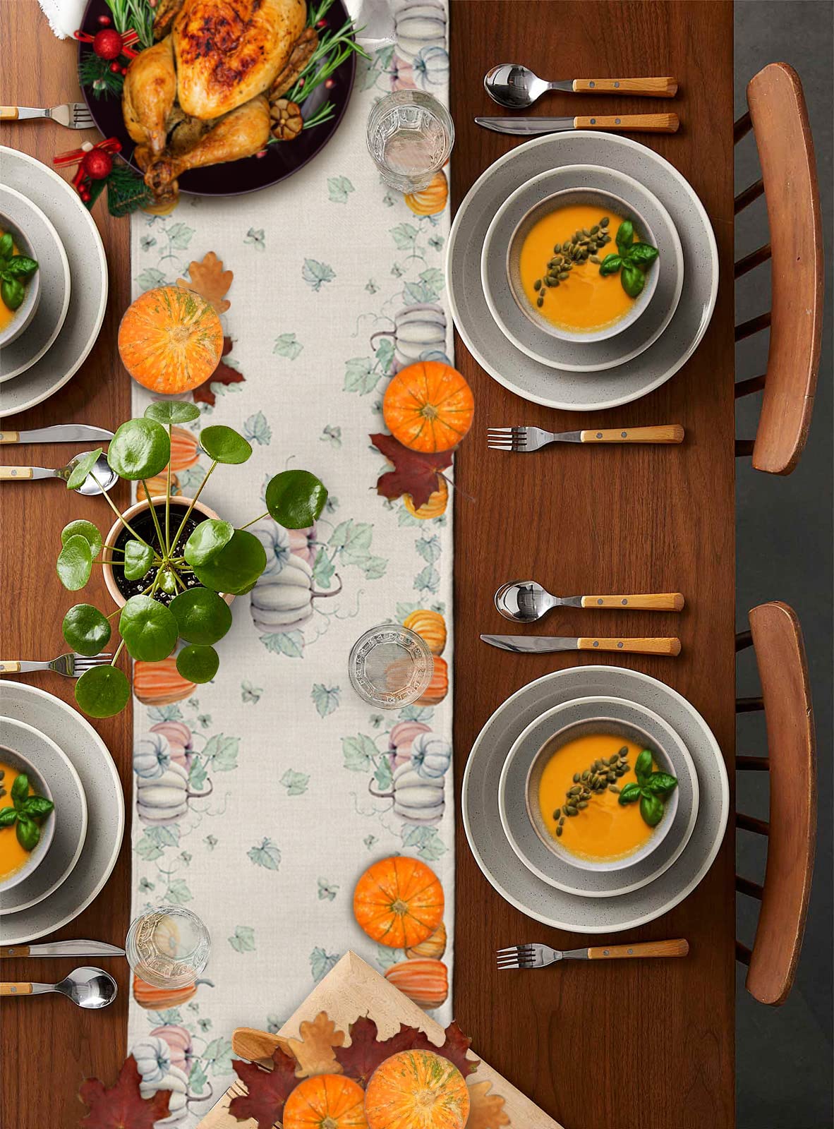 72 Inch Cotton Linen Table Runner - Thanksgiving & Fall Farmhouse Decor with Pumpkin Teal Maple Leaf Design, Rustic Burlap Table Scarf for Dining Table, Coffee Table, Wedding & Party Decorations | Perfect for Autumn Gatherings, Holiday Dinners and Farmhouse Style Home Decor