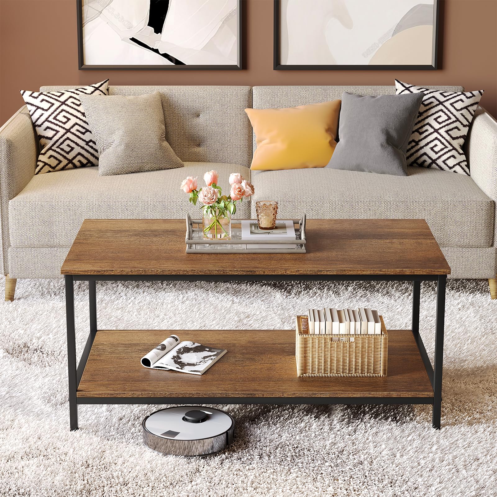 SAYGOER 2-Tier Industrial Coffee Table with Storage - Rectangle Wood Center Table for Living Room, Small Spaces, Apartment & Home Office - Walnut Finish | Perfect for Entertaining Guests, Holding Remotes & Magazines, and Adding Rustic Charm to Your Space