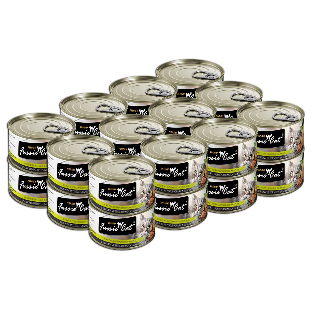 Premium Fussie Cat Tuna with Mussels Wet Cat Food - Grain-Free, High-Protein Canned Cat Food - 5.5oz Cans (Pack of 24) - Perfect for Adult Cats & Kittens - Mealtime, Treats & Weight Management