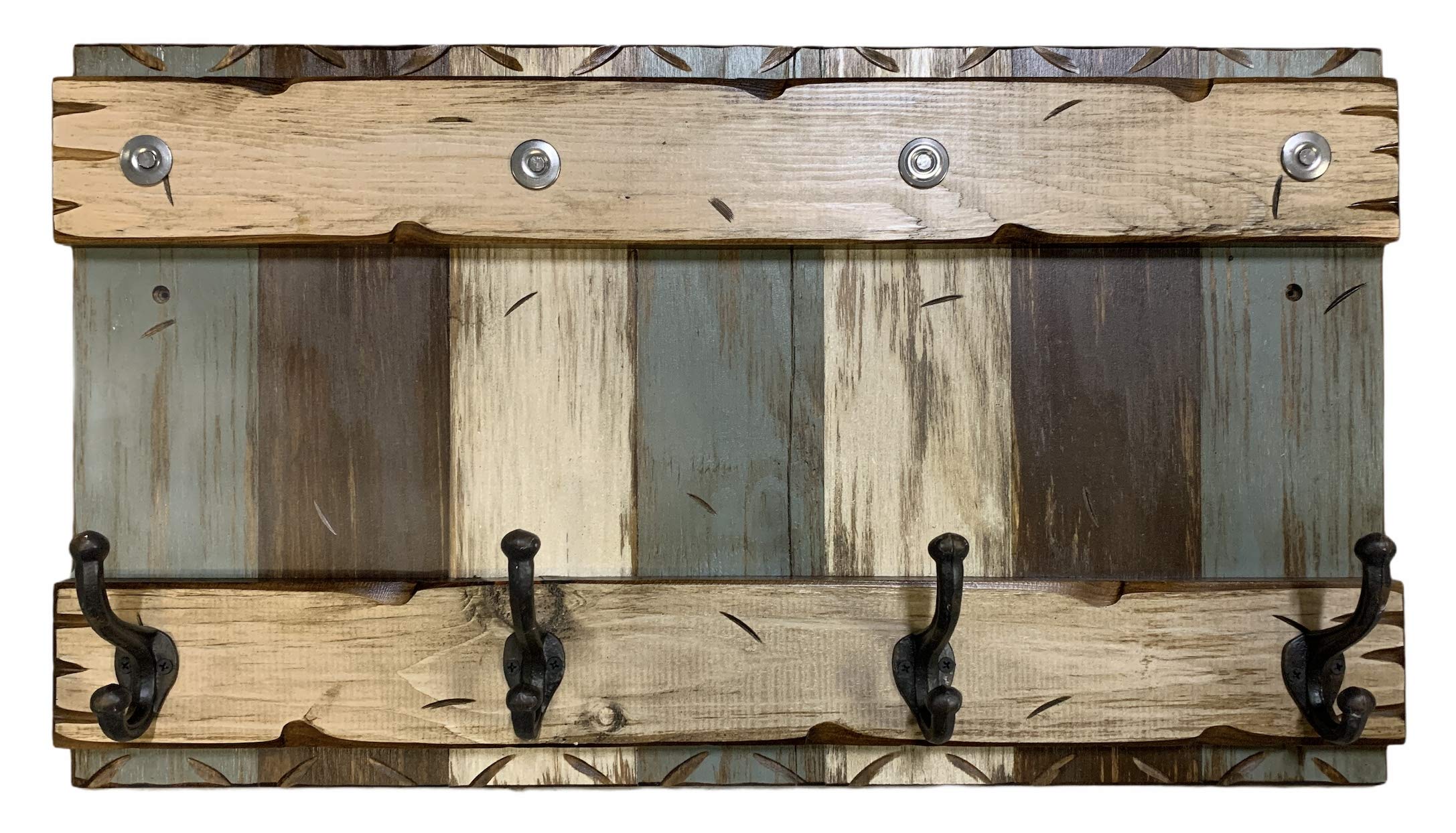 Rustic Distressed Wood Coat Rack with 4 Metal Hooks - 28