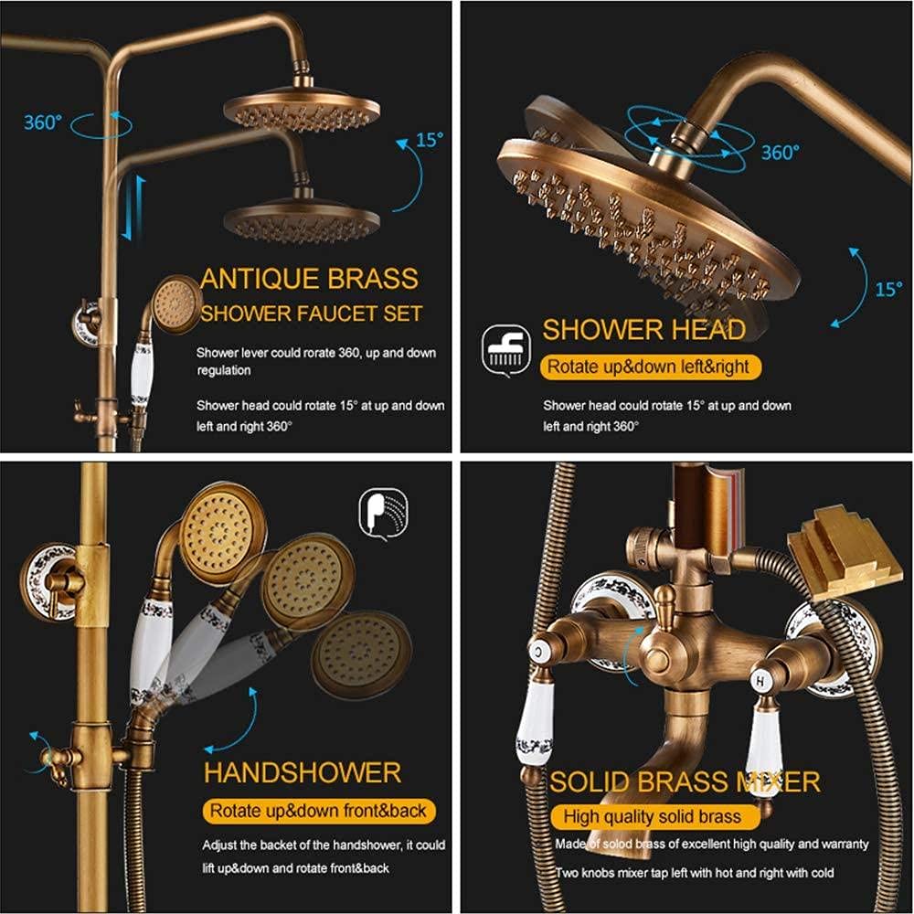 Antique Brass Shower Tap System - 8 Inch Rainfall Shower Head with Ceramic Hand Shower & Tub Spout, Wall Mounted Bathroom Fixture Set with Double Ceramic Handles | Perfect for Modern & Vintage Bathroom Renovations