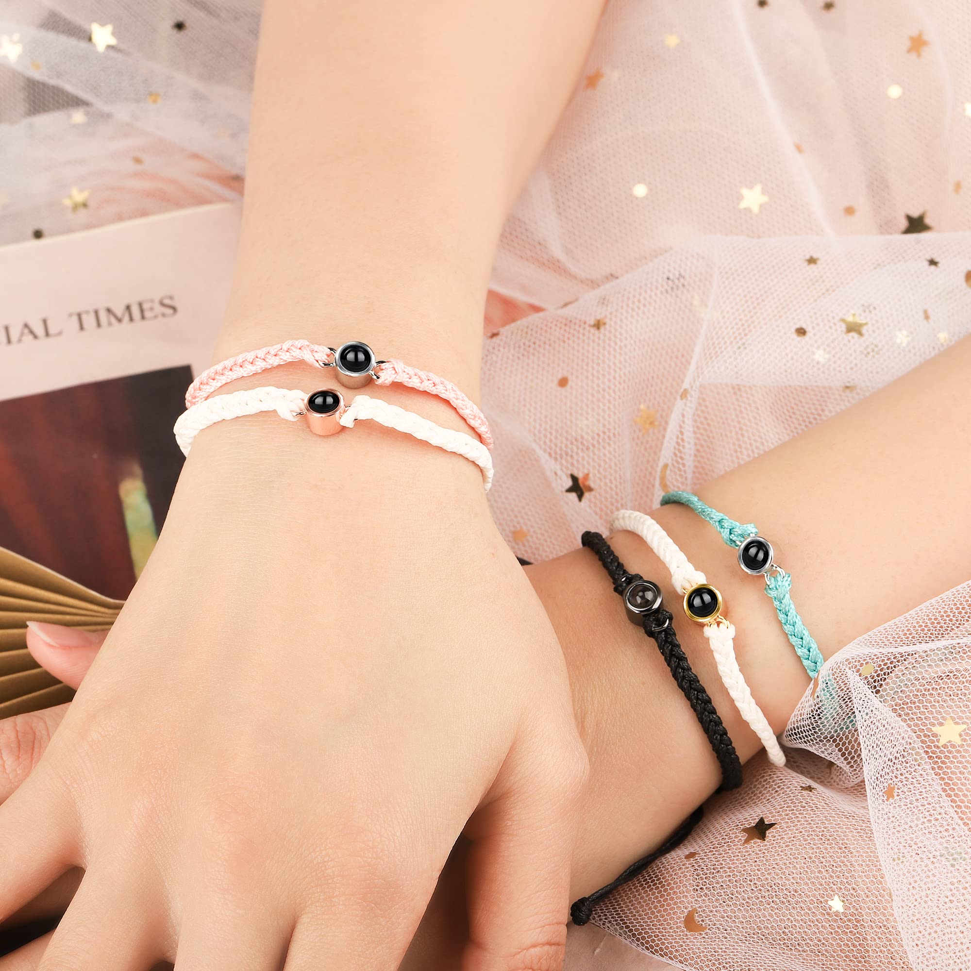 Personalized Photo Projection Bracelet for Men & Women - Custom Engraved Adjustable Braided Rope Bracelet with 