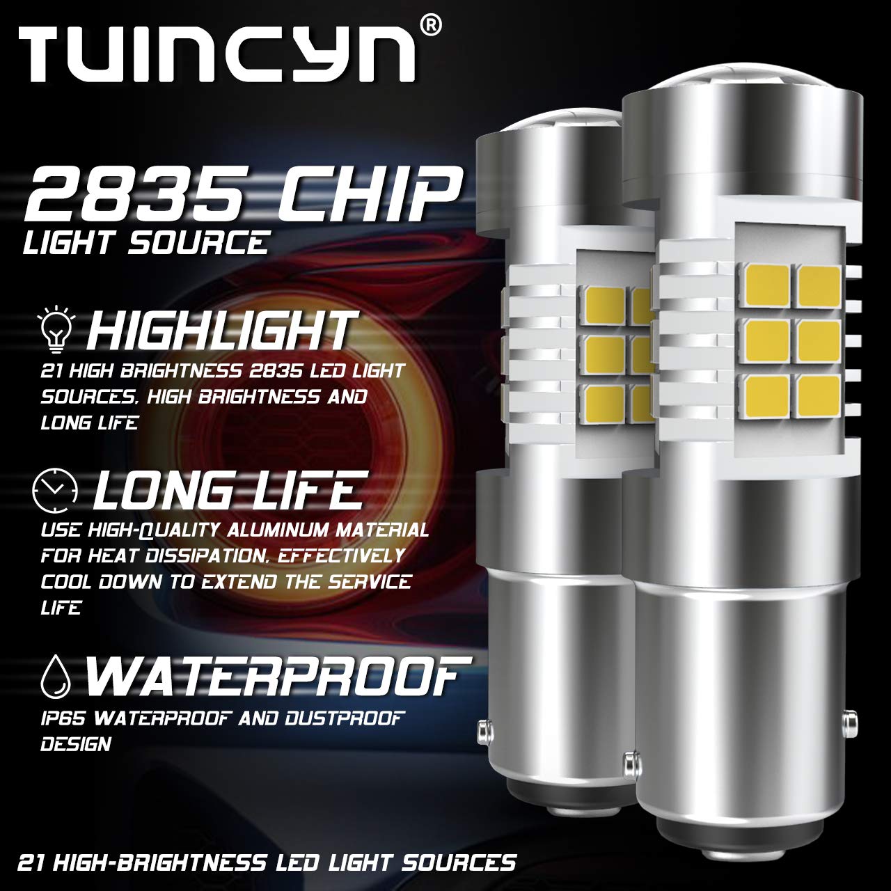 TUINCYN 1157 LED Bulb White - 2057 2357 7528 BAY15D Replacement Bulbs for Tail, Brake, Turn Signal, Reverse & Parking Lights - 12V DC (Pack of 2) - Perfect for Cars, Trucks, SUVs & Motorcycles