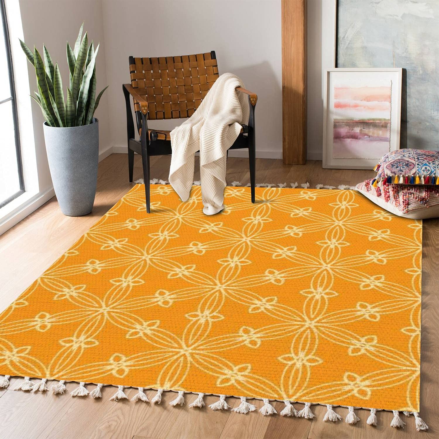 Boho Floral Area Rug - Seamless Orange Pattern for Living Room, Bedroom, Patio & Hallway | Indoor Outdoor Minimalist Home Decor Carpet Mat | Perfect for Bohemian Decor, Cozy Spaces & Entryways