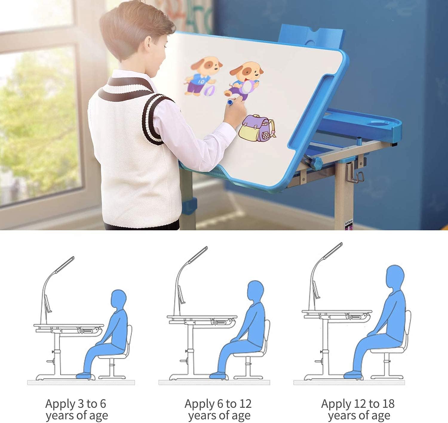 Adjustable Kids Desk and Chair Set - Ergonomic Study Table for Children with Book Stand, Drawer & LED Light - Perfect for Home Schooling, Online Learning & Art Activities (Blue)