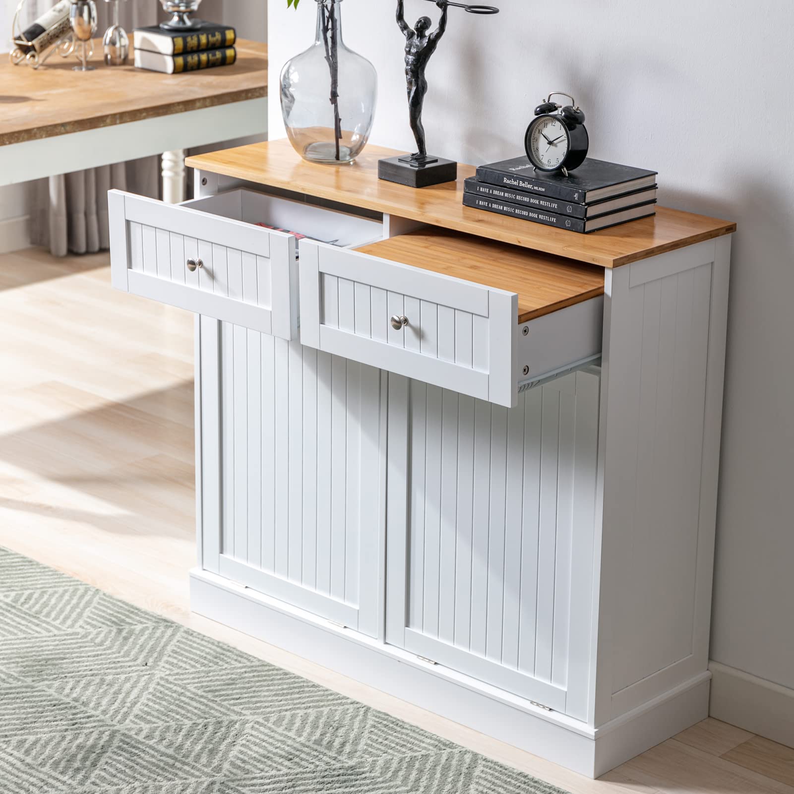 Freestanding Tilt-Out Trash Cabinet with Cutting Board - Pet Proof Kitchen Garbage Recycling Station, Wood Laundry Hamper & Hideaway Trash Holder Drawers (2, White) - Perfect for Small Kitchens, Apartments & Eco-Friendly Homes