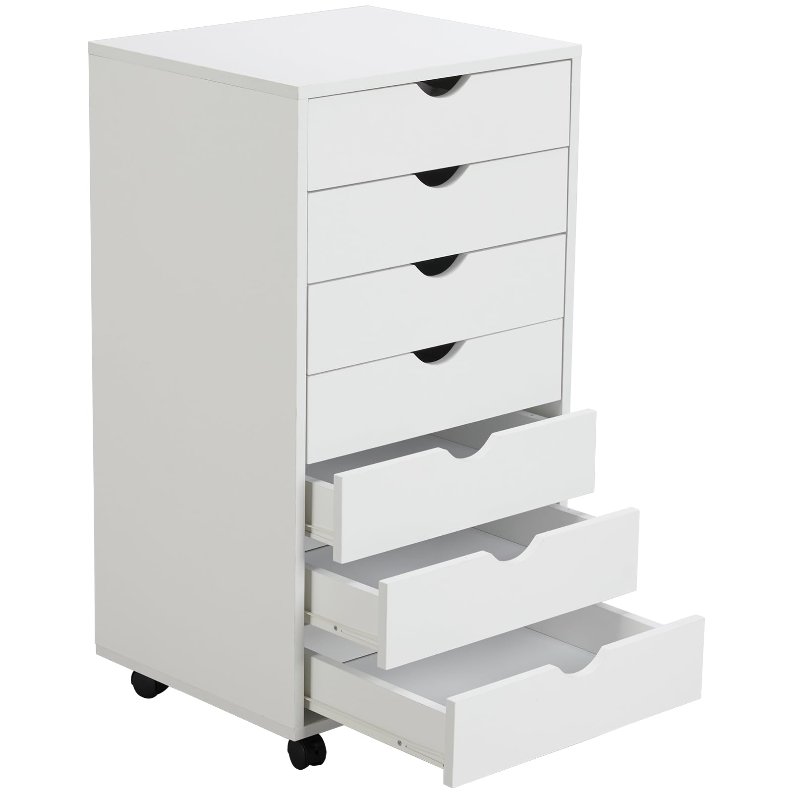 7-Drawer Wooden File Cabinet with Lockable Wheels - Mobile Printer Stand & Under Desk Storage Dresser for Home Office, Study, or Dorm Room Organization - White Office Furniture
