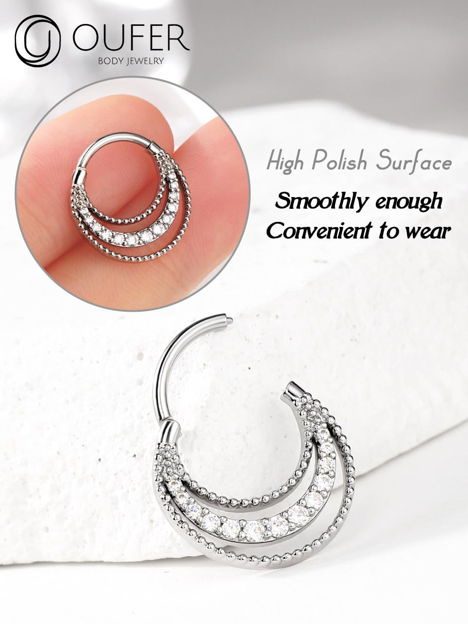 OUFER 16G Septum Rings - 3 Rows Paved Shiny Clear CZ Septum Jewelry | 316L Stainless Steel Nose Ring for Women & Men | Perfect for Helix, Cartilage, Conch & Daith Piercings | Ideal for Everyday Wear, Parties & Special Occasions