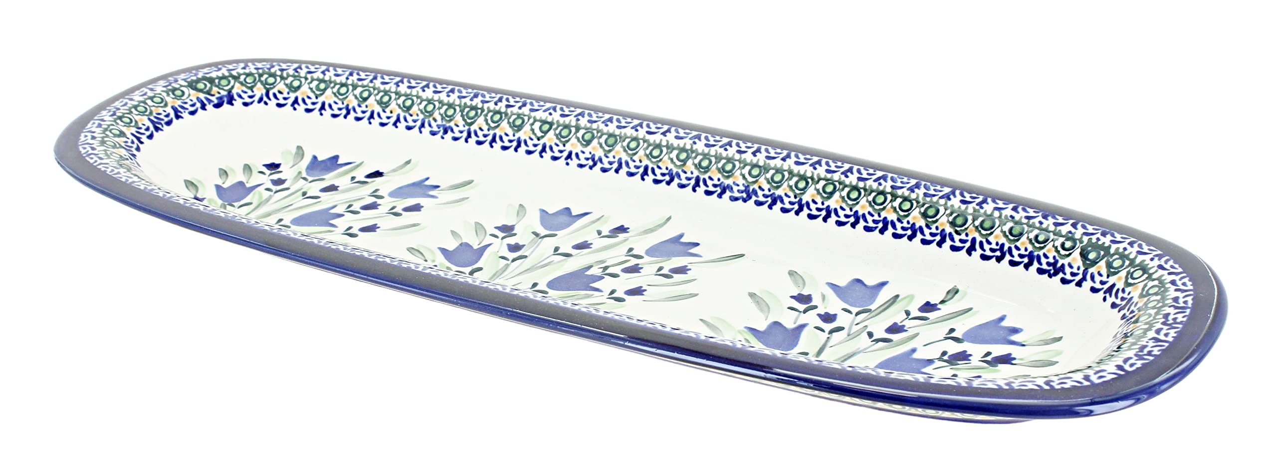 Handmade Blue Rose Polish Pottery Large Bread Platter - Blue Tulip Design - Perfect for Serving Bread, Cheese & Charcuterie at Dinner Parties & Family Gatherings