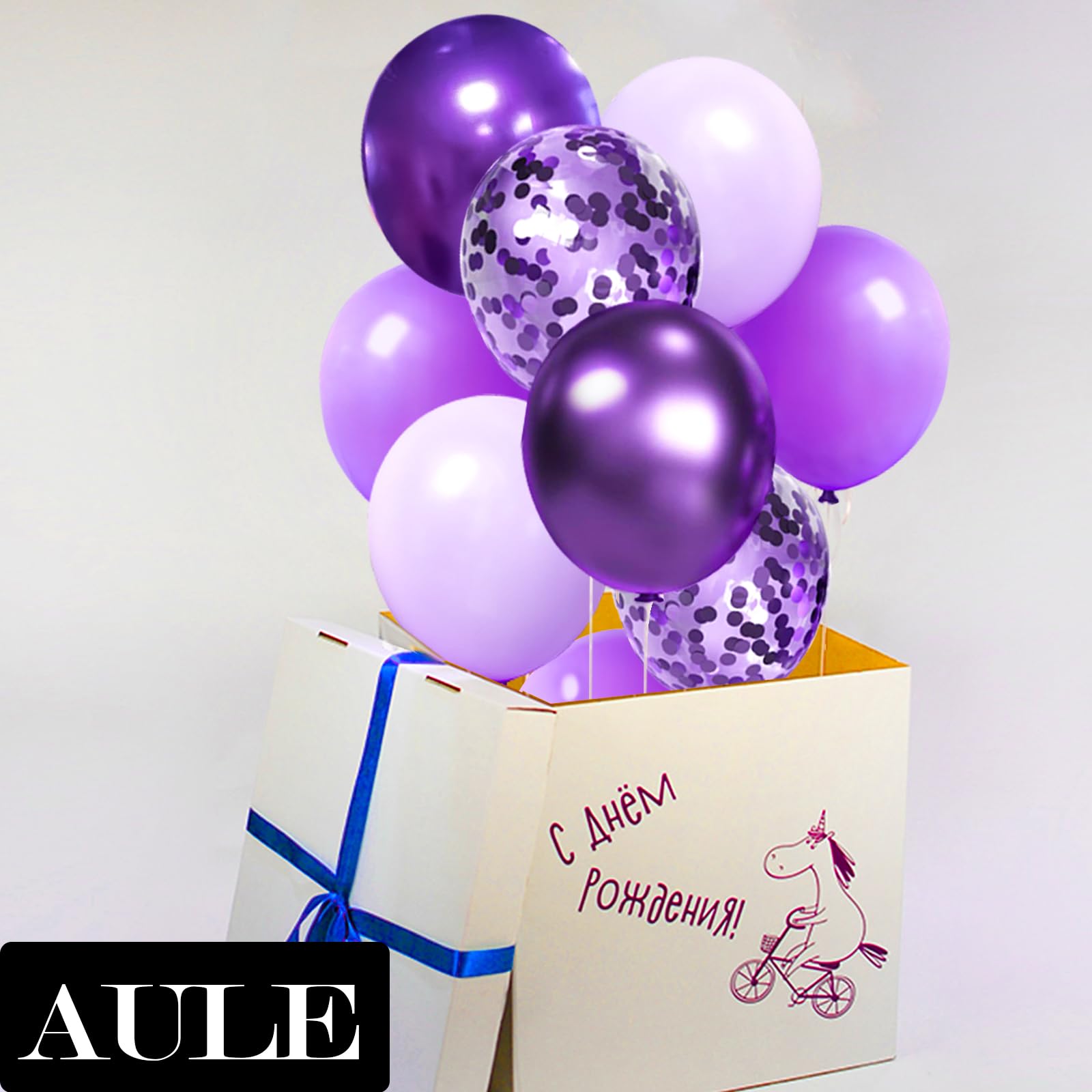 AULE Metallic Purple & Premium Latex Lavender Lilac Balloons (60 Pack, 12 Inches) with Purple Confetti Balloons & Ribbons Set - Perfect for Birthday, Bridal Shower, Wedding, Baby Shower & Party Decorations