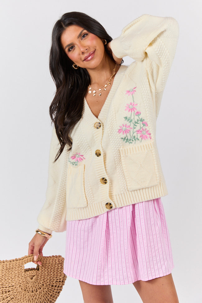 Up To Fate Cream and Pink Multi Floral Embroidered Cardigan for Women | Boho Chic Lace Knit Sweater | Perfect for Spring Outfits & Date Nights