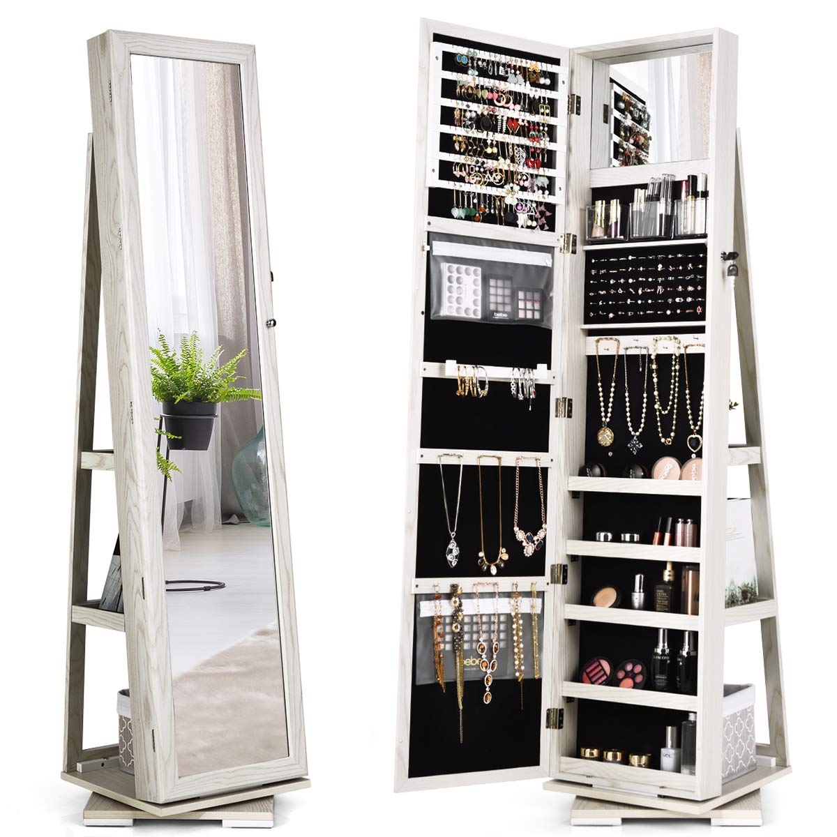 Charmaid 360° Swivel Jewelry Armoire with Full-Length Mirror & Built-In Makeup Mirror - Lockable Standing Jewelry Cabinet Organizer with Large Storage Capacity & Back Shelves (Gray-White) for Bedroom, Closet & Dressing Room Organization