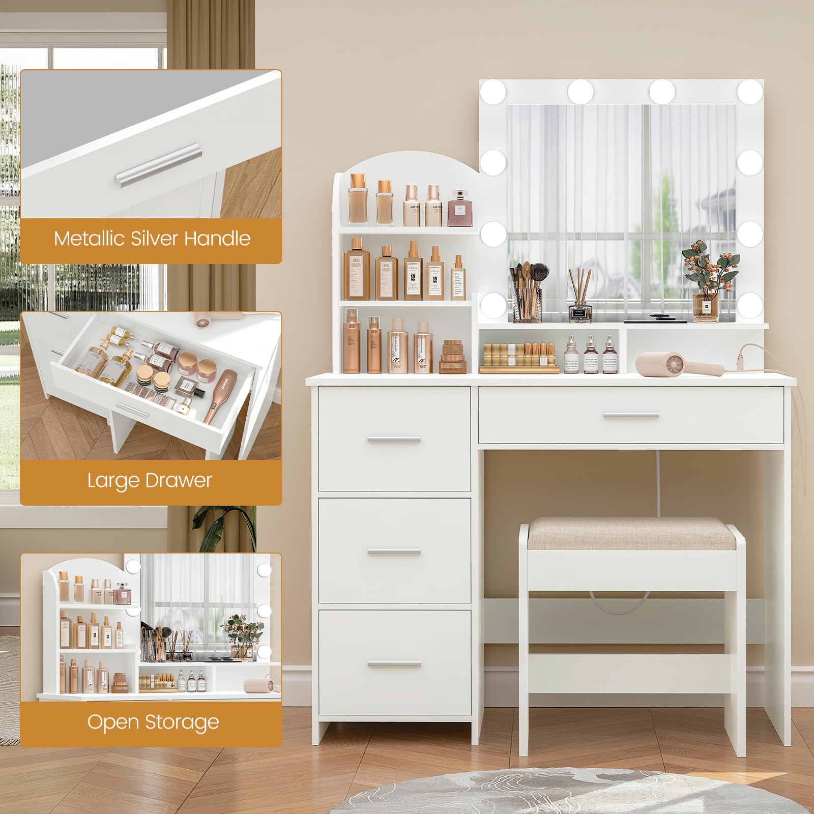 Quimoo 10-Light Makeup Vanity Desk with LED Mirror, 4 Drawers & USB Charging Station - White Vanity Set with Cushioned Stool for Bedroom, Dressing Room & Beauty Salon