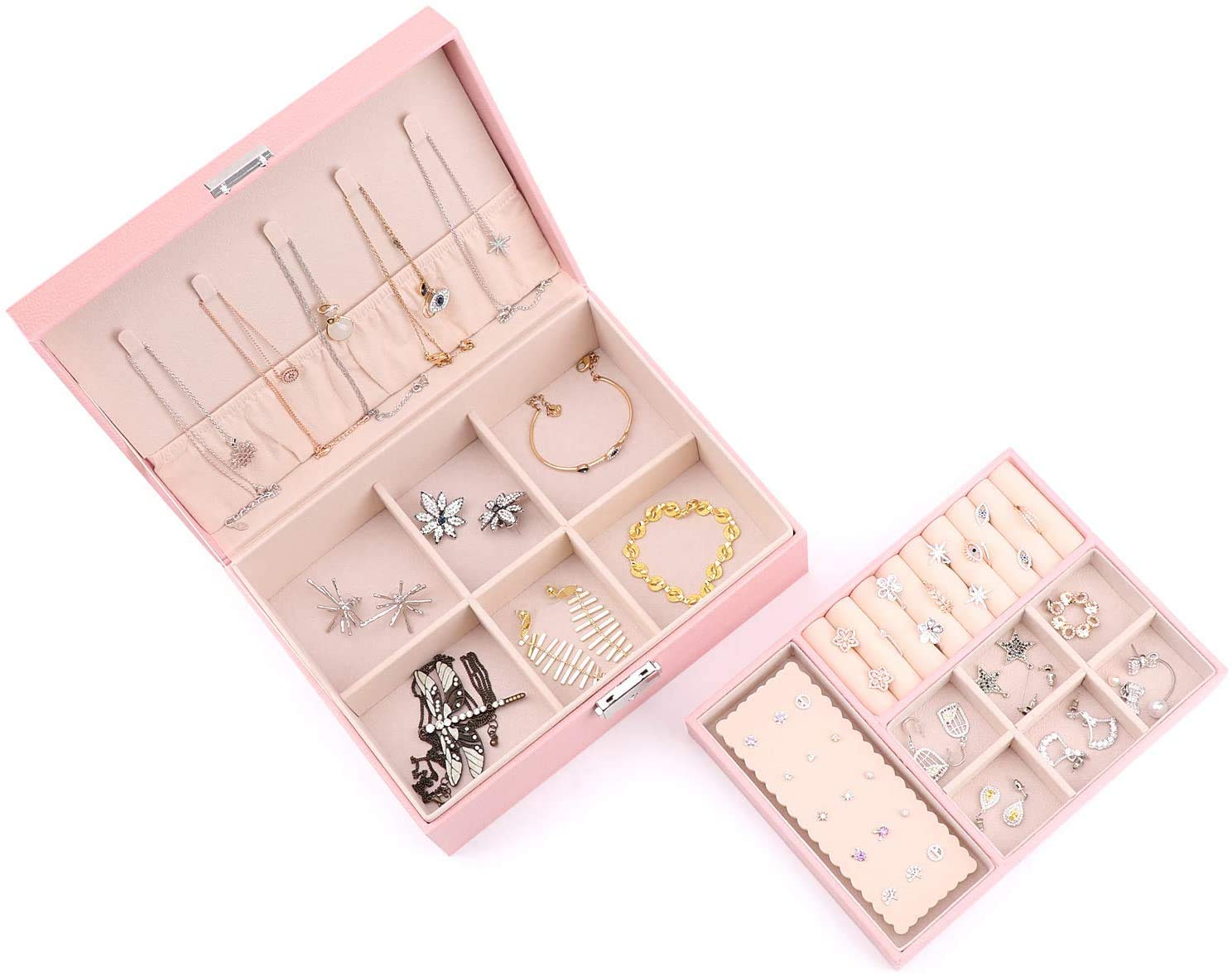 Best Jewelry Box Organizer for Women - 2-Layer Lockable Jewelry Storage Case with Soft Velvet Lining, Ring Earrings Holder & Necklace Bracelet Display - Perfect Gift for Women & Girls (Pink) - Ideal for Bedroom Vanity, Travel & Jewelry Organization