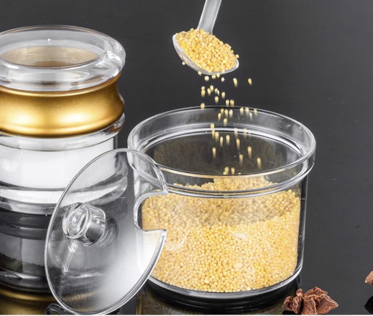 Premium Clear Acrylic Sugar Bowl with Lid & Spoon - Airtight Spice Storage Container for Kitchen, Pantry, Coffee & Tea Station Organization