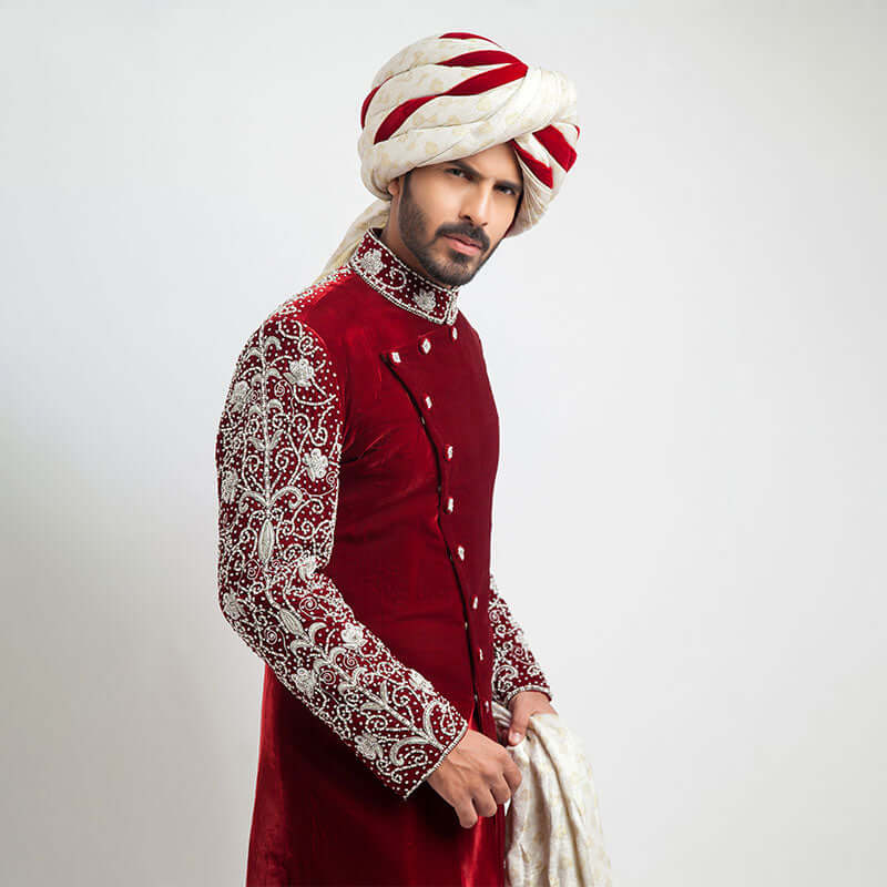 Elegant Burnt Red Velvet Sherwani for Men | Slim Fit Indian Wedding Attire | Perfect for Groom Outfits, Festivals & Special Occasions