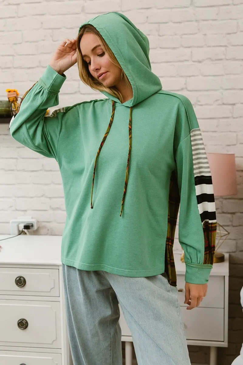 BiBi Plaid & Stripes French Terry Hoodie for Women | Cozy Mix & Match Pullover | Perfect for Casual Outfits, Loungewear & Fall Layering