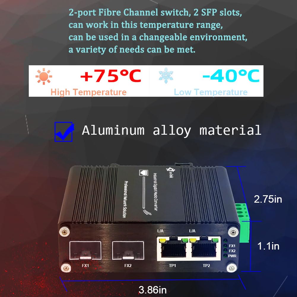 Industrial 2-Port Gigabit Media Converter | DIN Rail Mount | 10/100/1000Mbps Ethernet to SFP Fiber Converter | 2 RJ45 & 2 SFP Ports | Weatherproof for Outdoor Use | Perfect for Industrial Networks, Data Centers & Harsh Environments