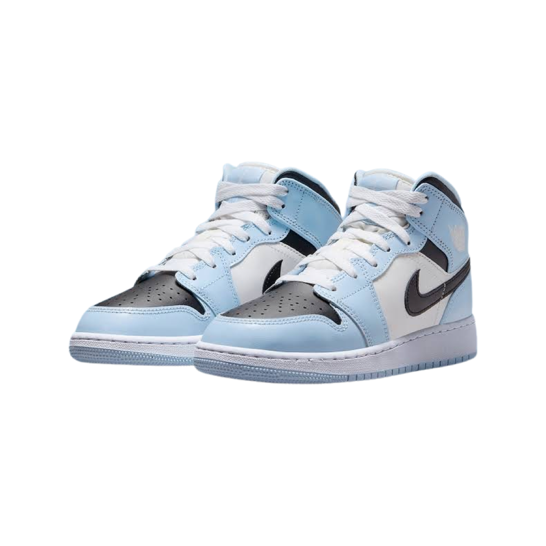 Air Jordan 1 Mid GS Sneakers - Ice Blue, Black & Sail White Colorway - Perfect for School, Basketball & Streetwear Fashion