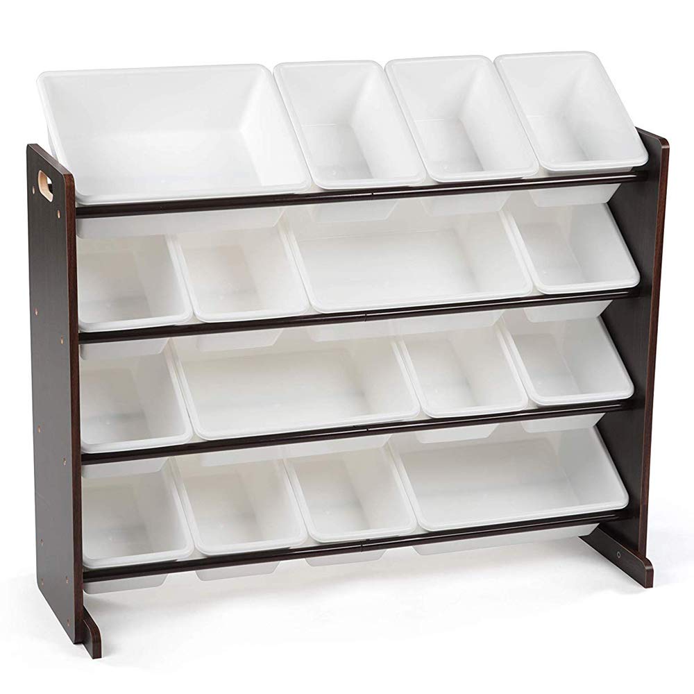 Large Wooden Kids Toy Storage Organizer with 16 Plastic Bins - Espresso & White Children's Book Rack & Shelf for Nursery, Playroom & Classroom Organization