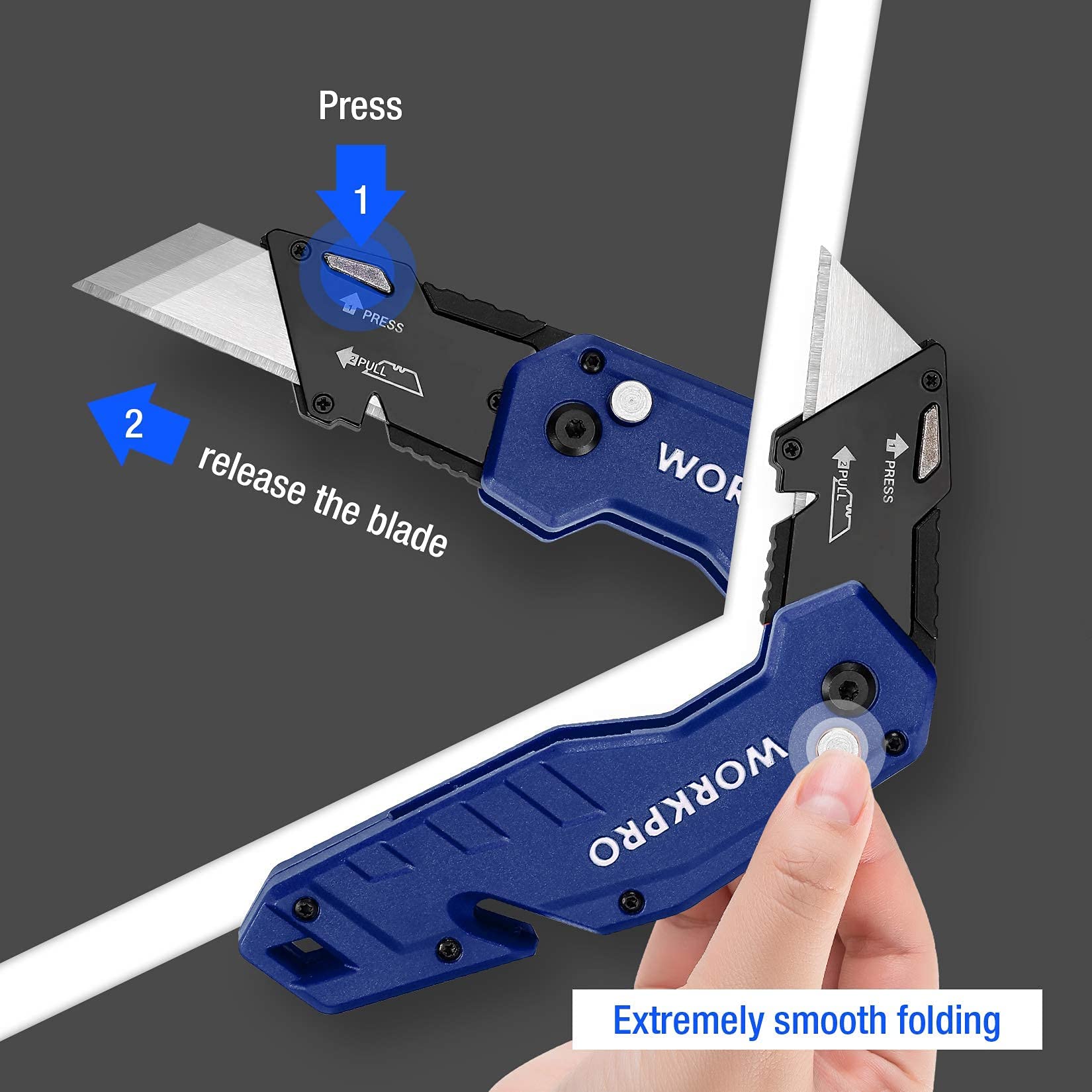 WORKPRO 100-Pack SK5 Utility Knife Blades & Folding Utility Knife (Blue) - Heavy Duty Replacement Blades for Box Cutting, Crafting, DIY Projects and Home Improvement