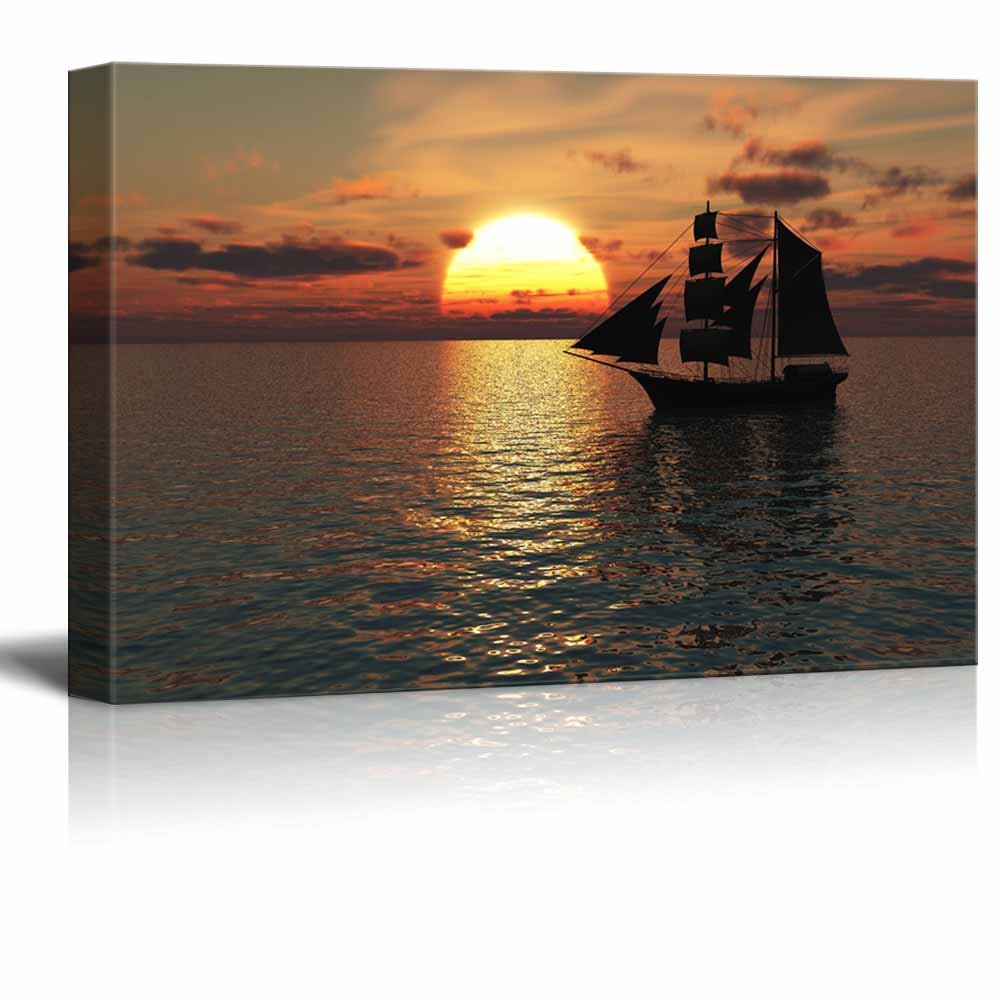 Wall26 - Sunset Old Merchant Ship at Sea Canvas Art Print - 32x48 Inch Stretched Gallery Wrap Ready to Hang - Modern Coastal Wall Decor for Living Room, Bedroom & Office