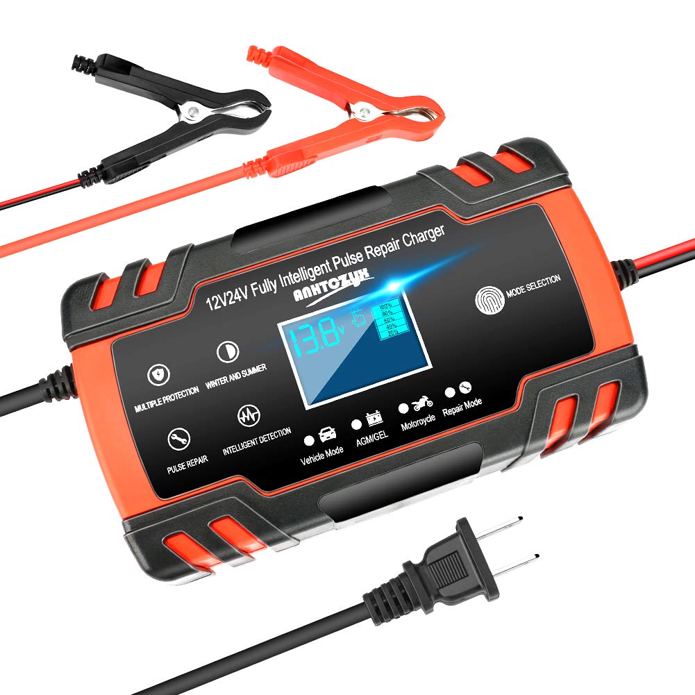 12V/8A 24V/4A Smart Car Battery Charger with LCD Display - Pulse Repair Trickle Charger for Automotive, Truck, Motorcycle, Lawn Mower, Boat & Marine Batteries - Perfect for Home Garage, Road Trips & Emergency Vehicle Maintenance