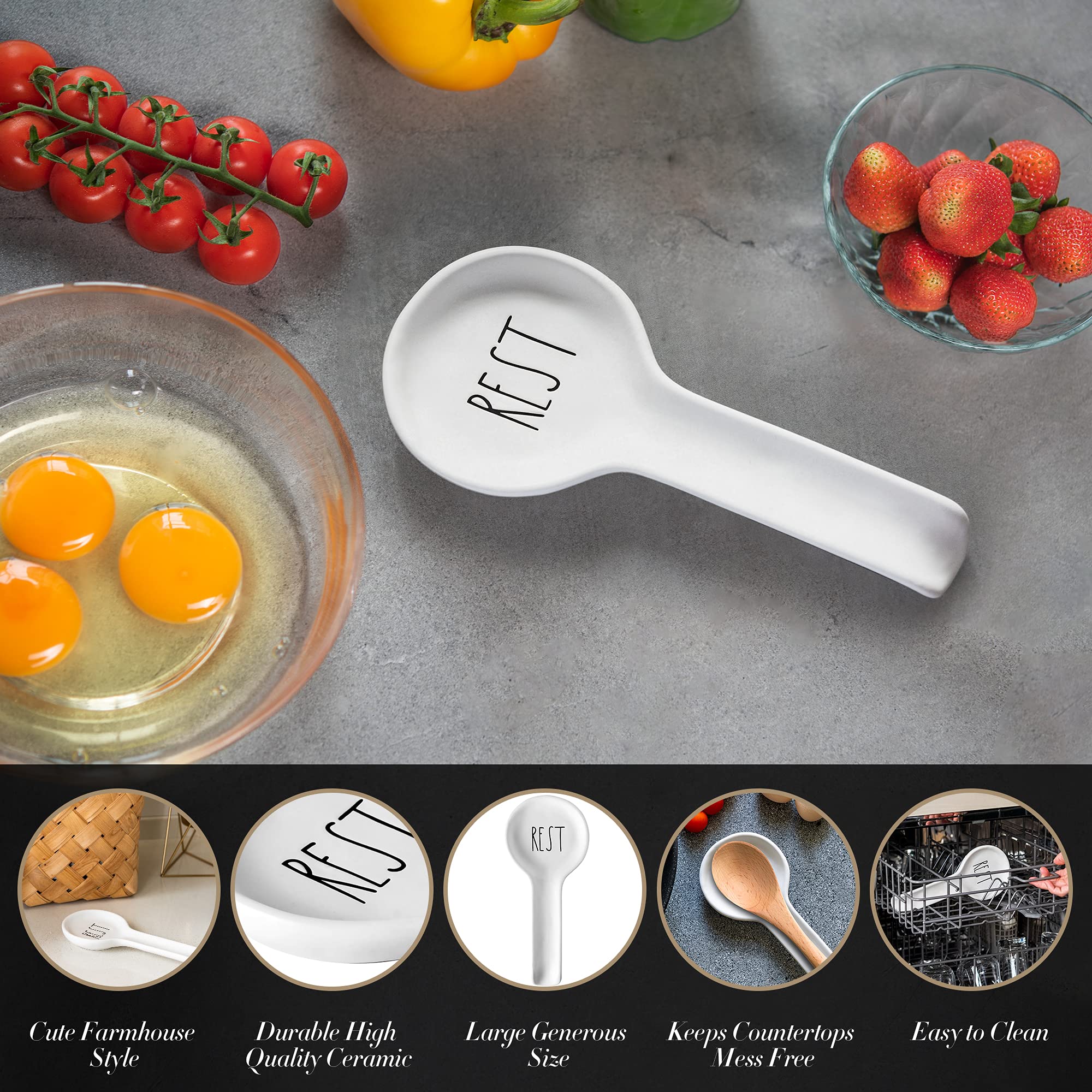 Ceramic Spoon Rest for Stove Top - Farmhouse Style Kitchen Counter Spoon Holder - Coffee & Cooking Utensil Organizer - White Ladle Rest - Perfect for Farmhouse Decor, Housewarming Gifts & Kitchen Accessories (Ideal for Stovetop, Countertop & Dining Table Use)