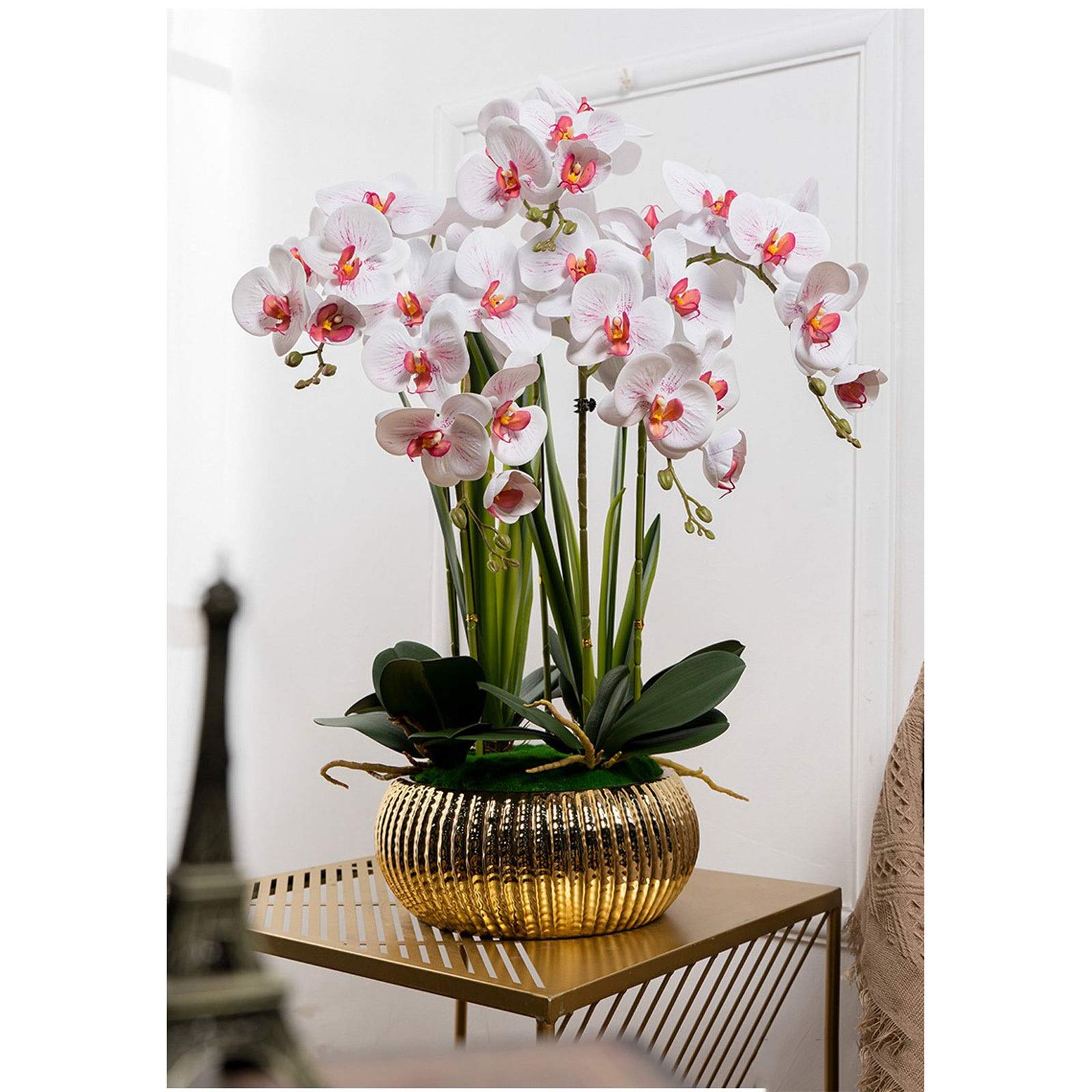 Premium Artificial Silk Phalaenopsis Orchid Flower Arrangement with Ceramic Vase - Elegant Yellow Faux Orchids for Wedding Centerpieces, Party Decor & Dining Table Decoration - Perfect for Home, Office & Event Styling