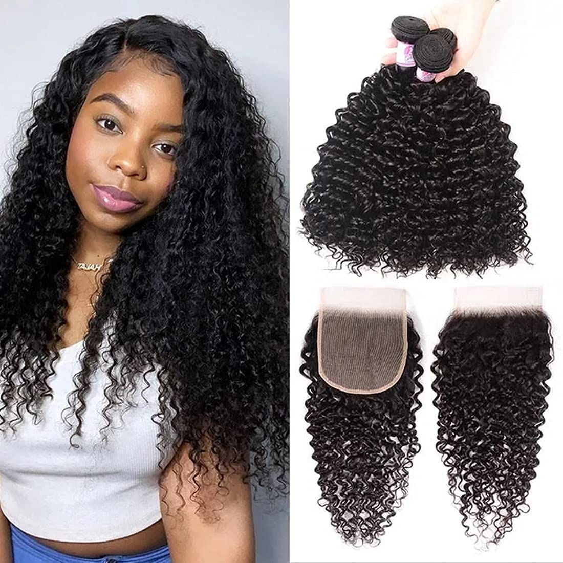 Beauty Forever Jerry Curly 3 Bundles With 5X5 HD Lace Closure Brazilian Unprocessed Virgin Human Hair Weave - 18 18 18 + 16 Inch Free Part Lace Closure Natural Color Virgin Remy Hair Extensions for Stunning Curly Hairstyles & Daily Wear