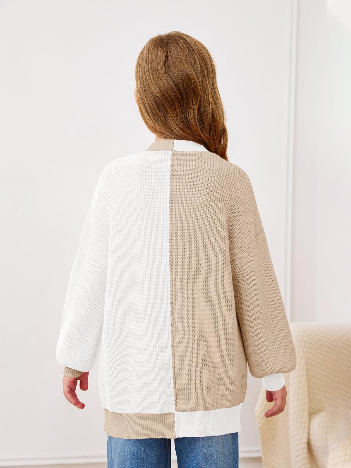 Haloumoning Girls Oversized Batwing Sleeve Cardigan Sweater - Kids Fashion Open Front Color Block Outerwear for School, Playdates & Casual Wear