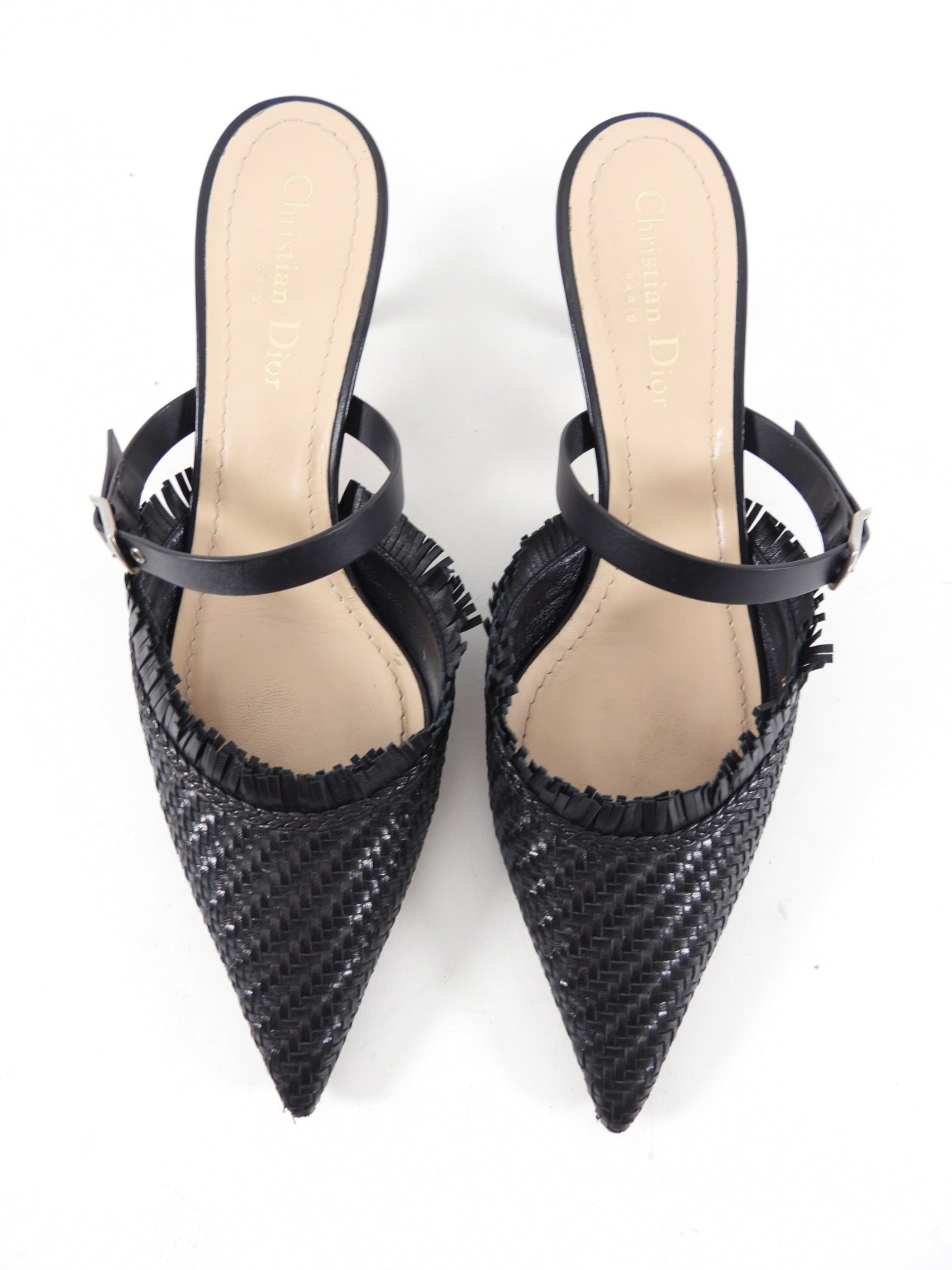Christian Dior Black Leather Pointed Woven Mules Women's Luxury Slip-On Shoes Size 8.5 - Perfect for Evening Parties & Formal Occasions