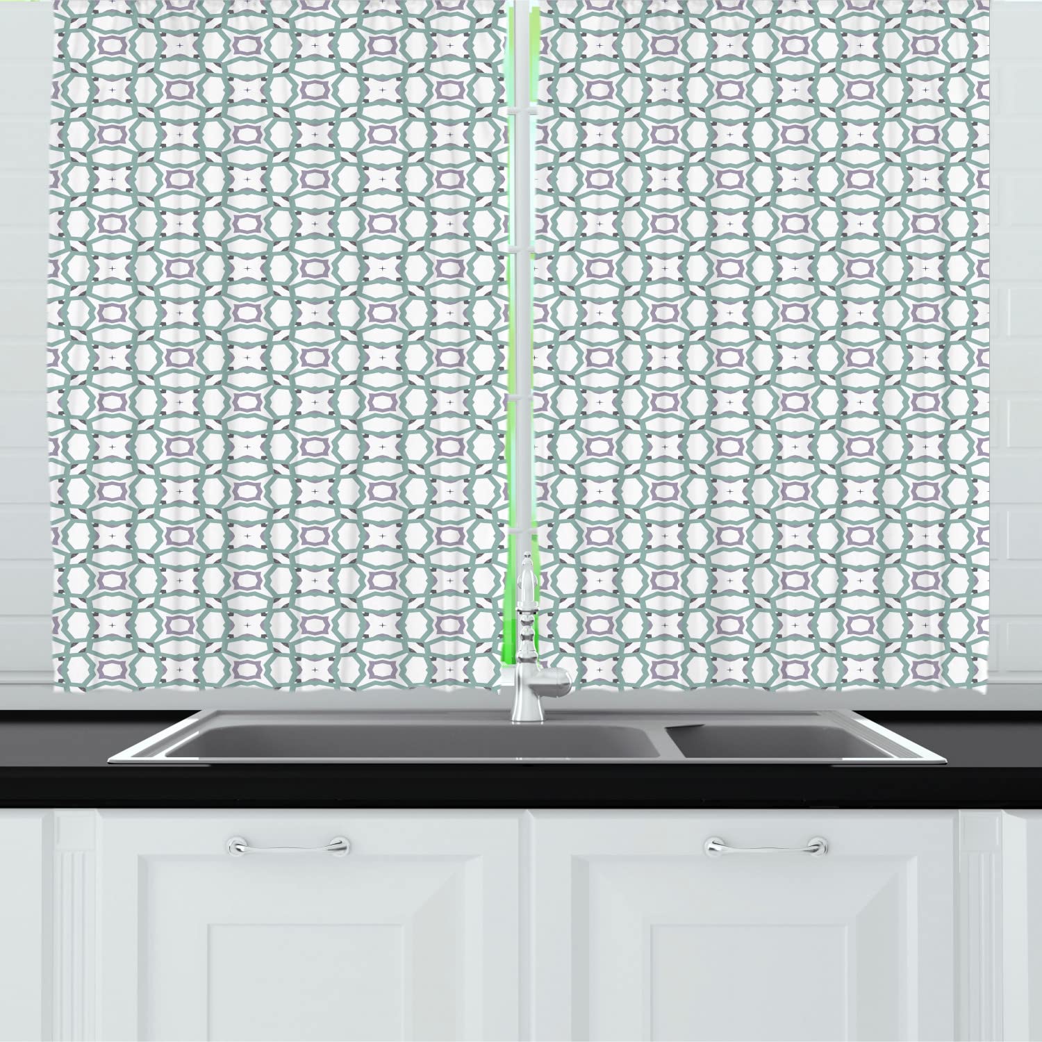 Ambesonne Abstract Kitchen Curtains - Geometric Stars & Stripes Design, 2 Panels with Rod Pocket, 55