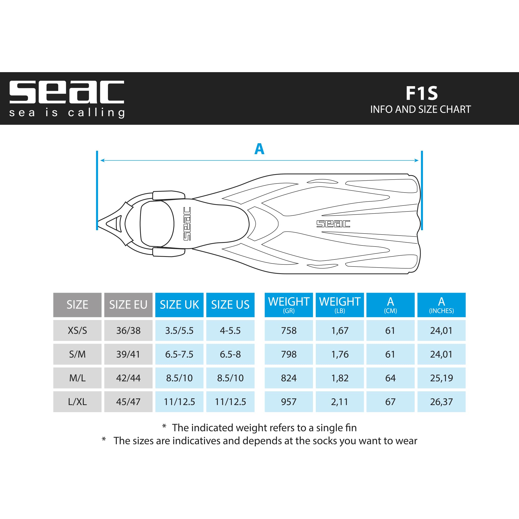SEAC F1 S Ultra Light Scuba Diving Fins with Adjustable Sling Strap - Perfect for Snorkeling, Freediving & Travel Adventures