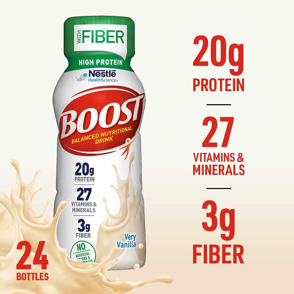 BOOST High Protein with Fiber Complete Nutritional Drink - 8 fl oz Bottles, 24 Rich Chocolate & 24 Very Vanilla (48 Pack) | Meal Replacement for Weight Management, Post-Workout Recovery & Senior Nutrition
