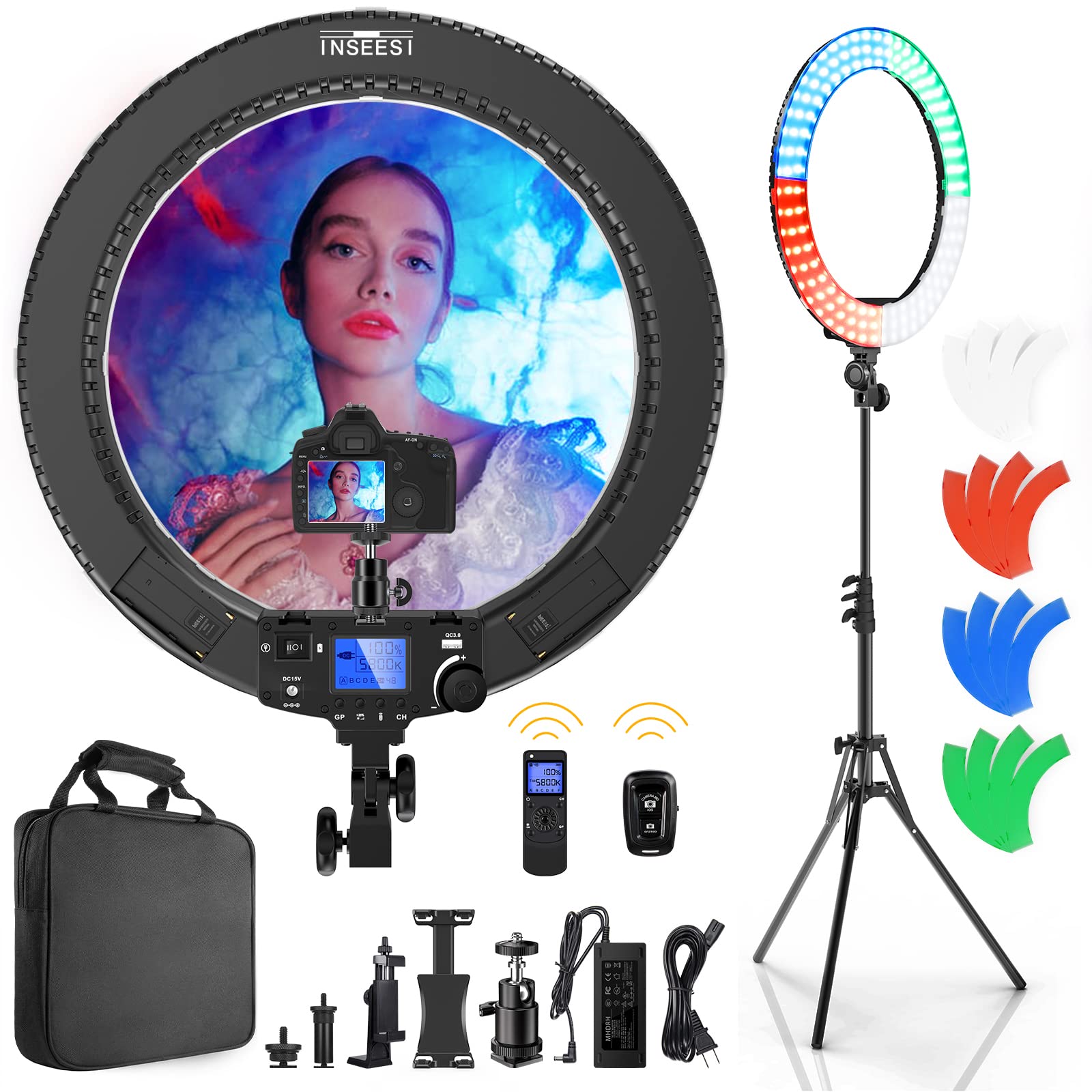 18 Inch LED Ring Light with Stand, Phone Holder & Wireless Remote - 4 Color Filters for Photography, YouTube, TikTok, Live Streaming, Makeup, Filming (Perfect for Home Studio, Vlogging, Beauty Tutorials)