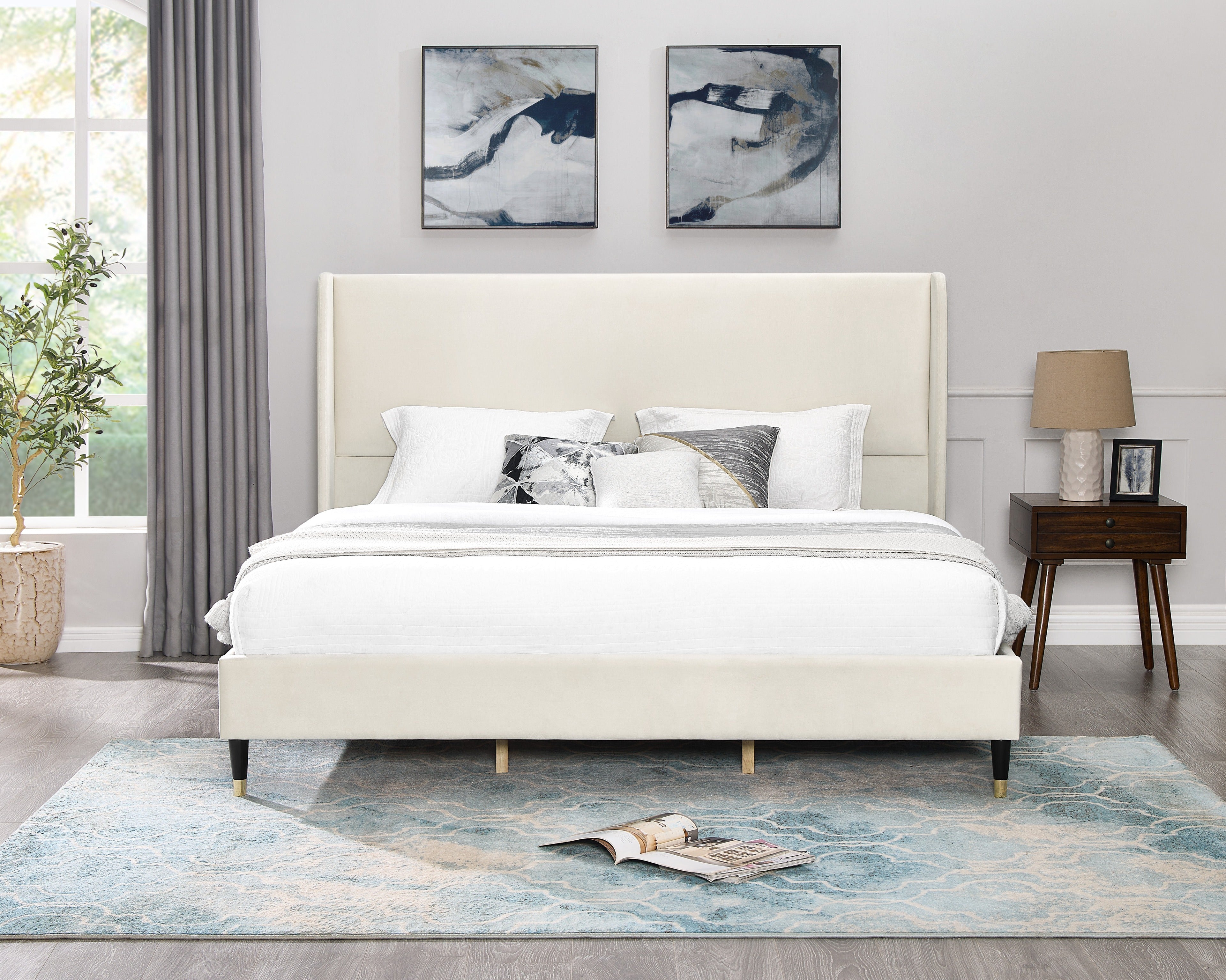 Roundhill Furniture Rozitta Upholstered Wingback Platform Bed Frame - Queen Size Upholstered Bed with Button Tufted Headboard for Bedroom, Modern Luxury Bed Frame with Sturdy Wooden Slat Support (Perfect for Master Bedroom, Guest Room or Apartment)