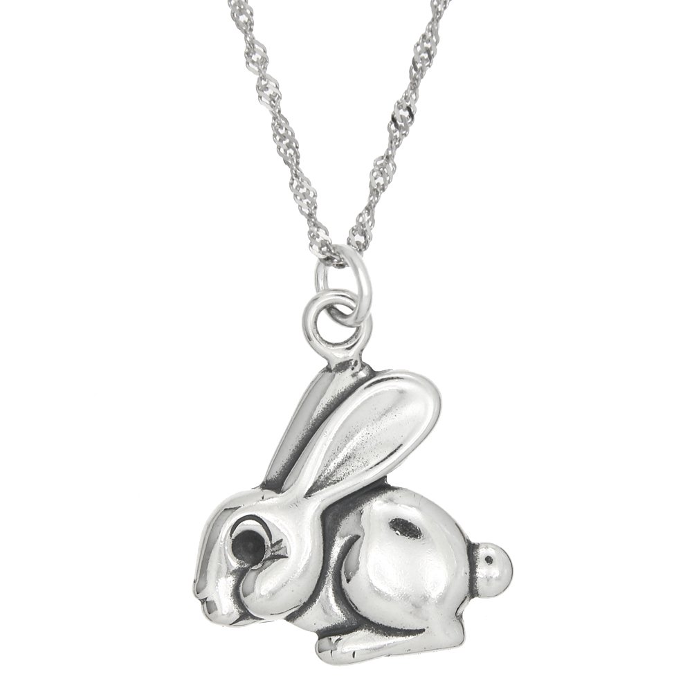 Sterling Silver Oxidized Bunny Rabbit Charm Necklace with Thin Singapore Chain - Perfect for Gifts, Valentine's Day & Boho Jewelry Lovers