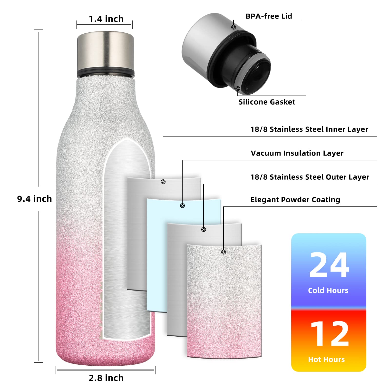 BJPKPK 18 oz Insulated Stainless Steel Water Bottle with Strap - BPA Free, Leak Proof, Double Wall Vacuum Thermos for Hot & Cold Drinks - Reusable Sports & Travel Water Bottle (Sparkling Silver Pink) - Perfect for Gym, Hiking, Camping and Outdoor Activities