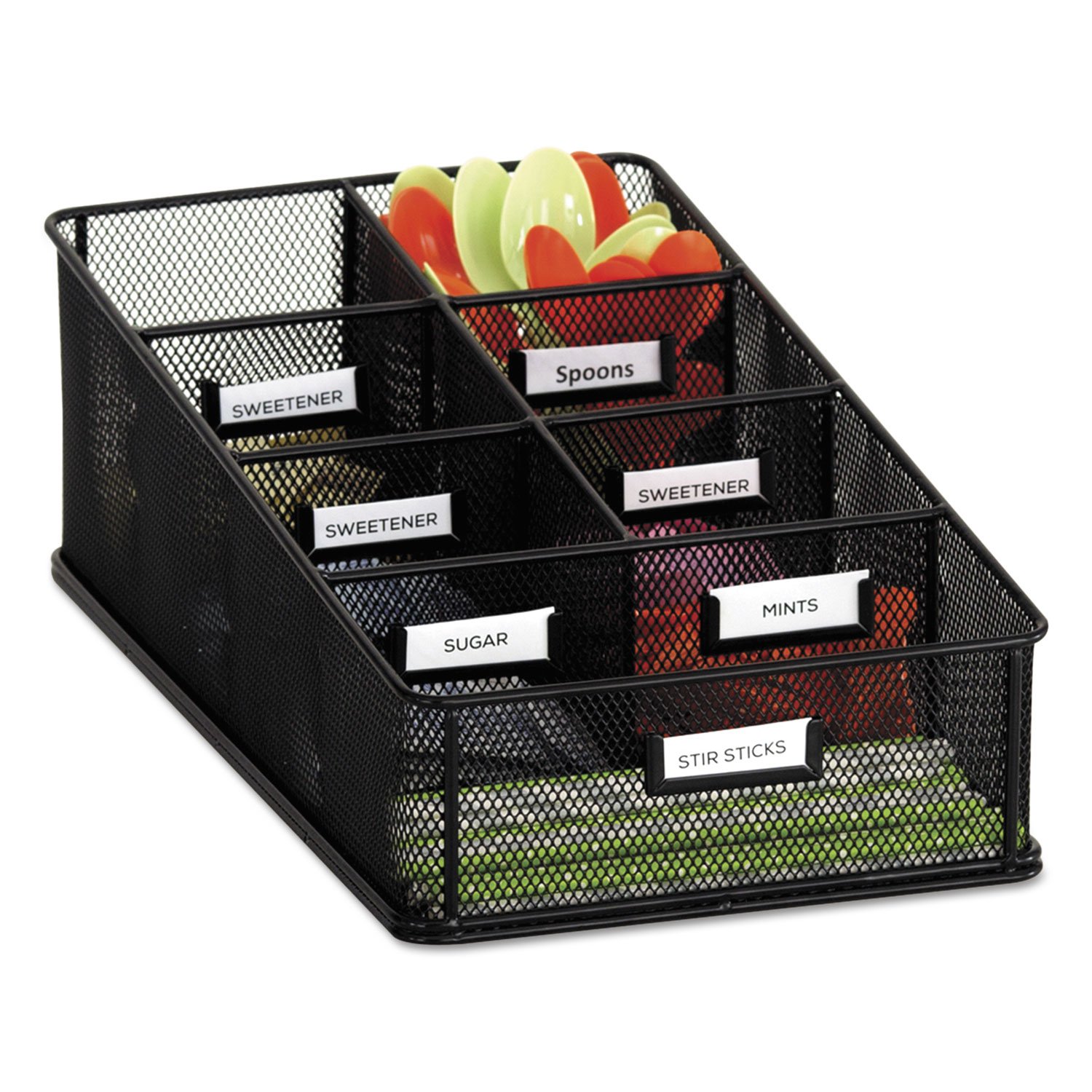 Safco 3291BL Onyx Mesh 7-Compartment Condiment & Supply Organizer - Steel Metal Mesh Cart with Labels for Break Room, Classroom & Office Storage - Perfect for Organizing Utensils, Snacks & Stationery