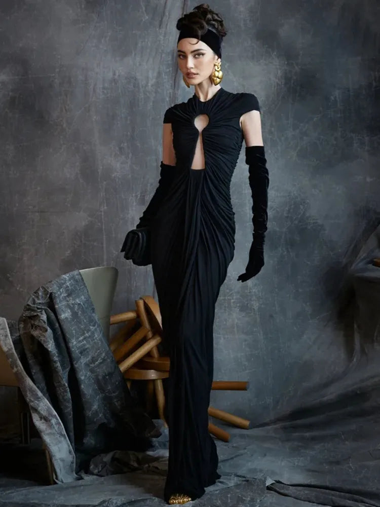 Sexy Black Mesh Ruched Bodycon Maxi Dress for Women - Elegant Club Party & Evening Gown 2025 | Perfect for Night Out, Date Night, Cocktail Parties and Special Occasions