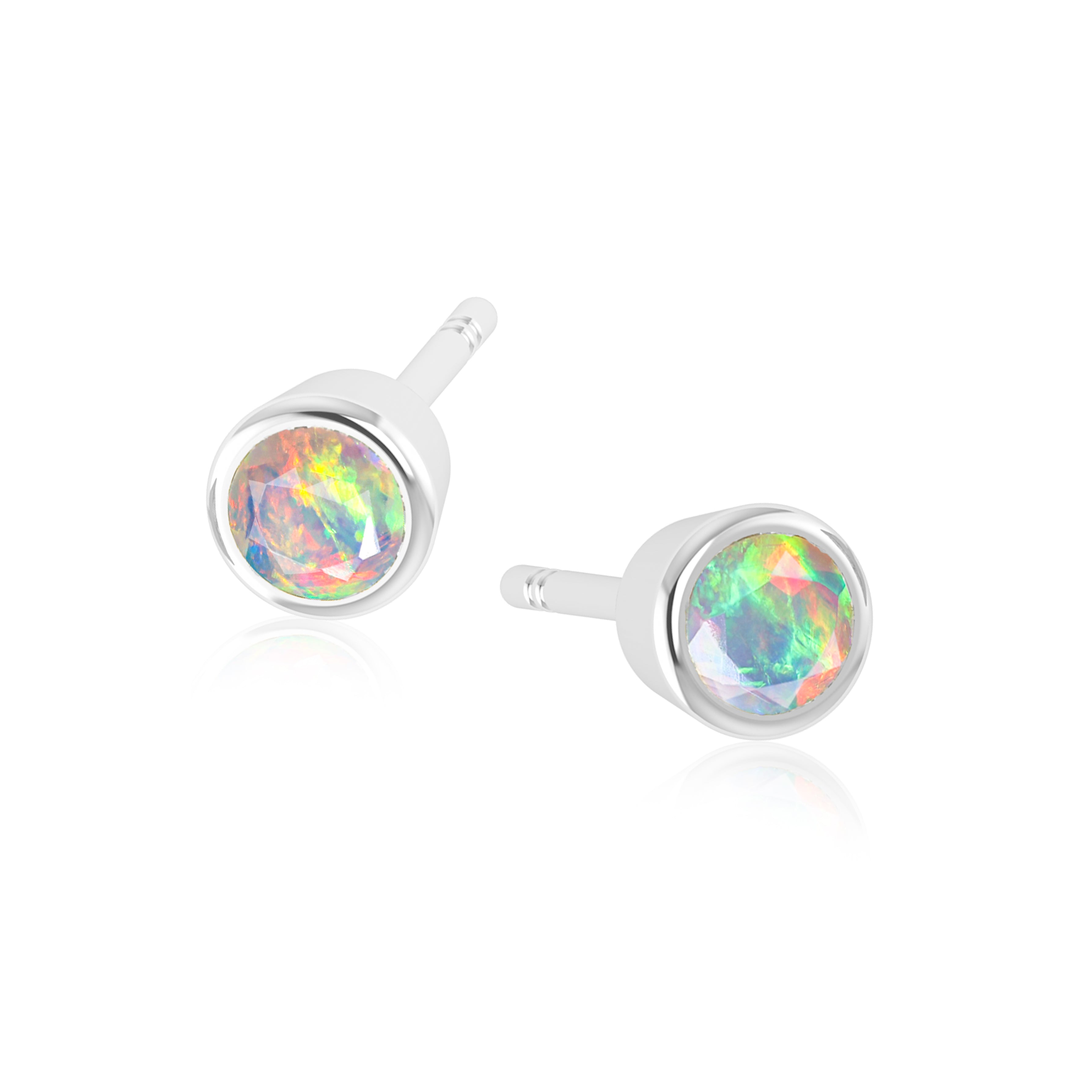 White Fire Round Opal Bezel Stud Earrings - Sterling Silver Dainty Jewelry for Women, Perfect for Weddings, Parties & Everyday Wear