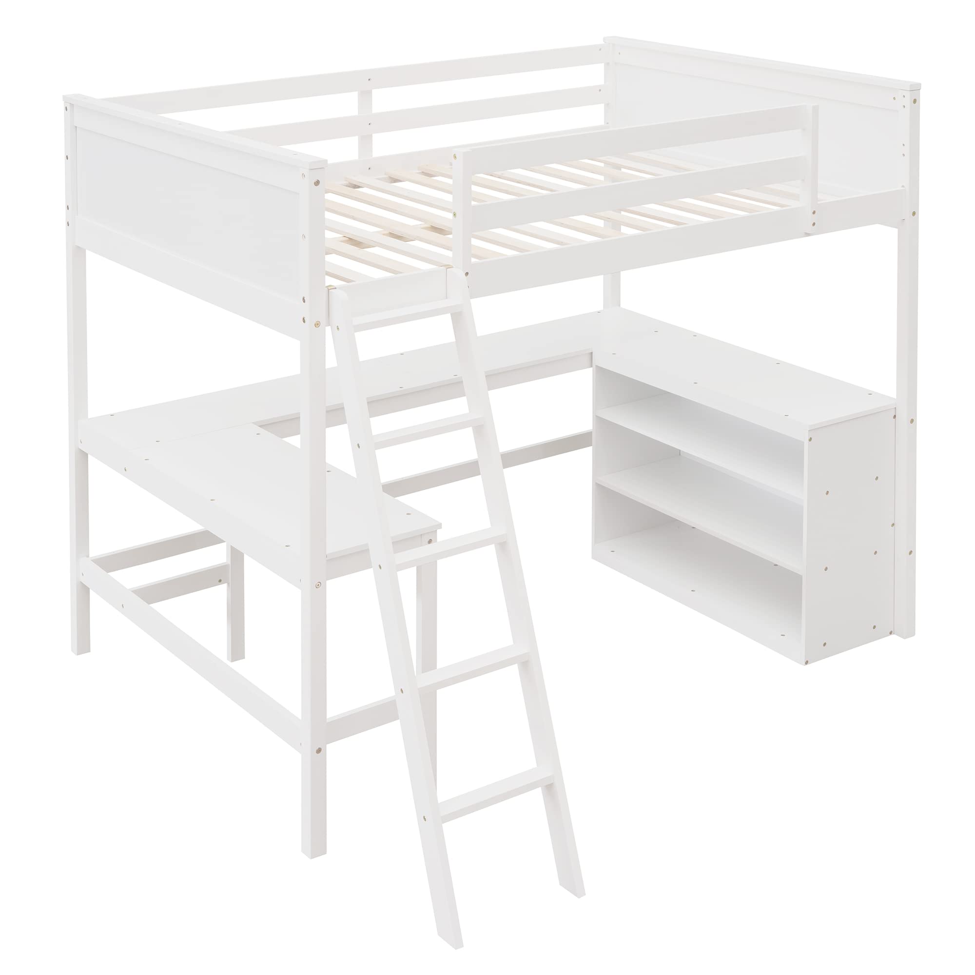 P PURLOVE Full Size Wooden Loft Bed with Long Study Desk & Shelves - Sturdy High Loft Bed for Kids & Teens - Perfect for Small Bedrooms, Dorm Rooms & Studio Apartments (Space-Saving Furniture for Study & Sleep)