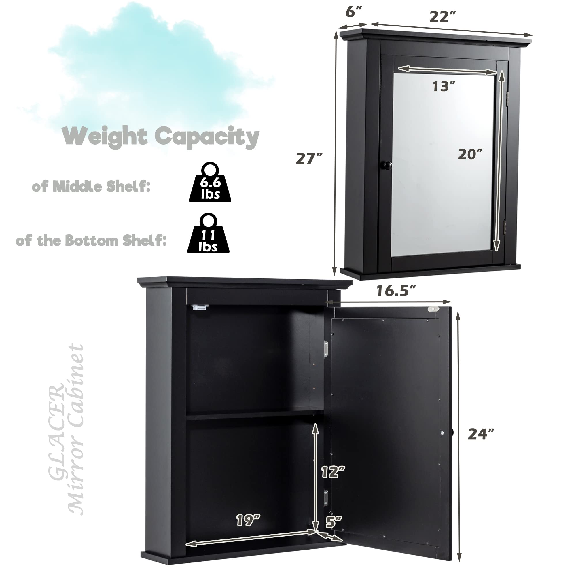 GLACER Wall Mounted Bathroom Mirror Cabinet with Adjustable Shelf - 22 x 6 x 27.5 Inches Black Medicine Cabinet for Bathroom, Living Room & Cloakroom - Perfect for Small Space Organization & Stylish Home Decor