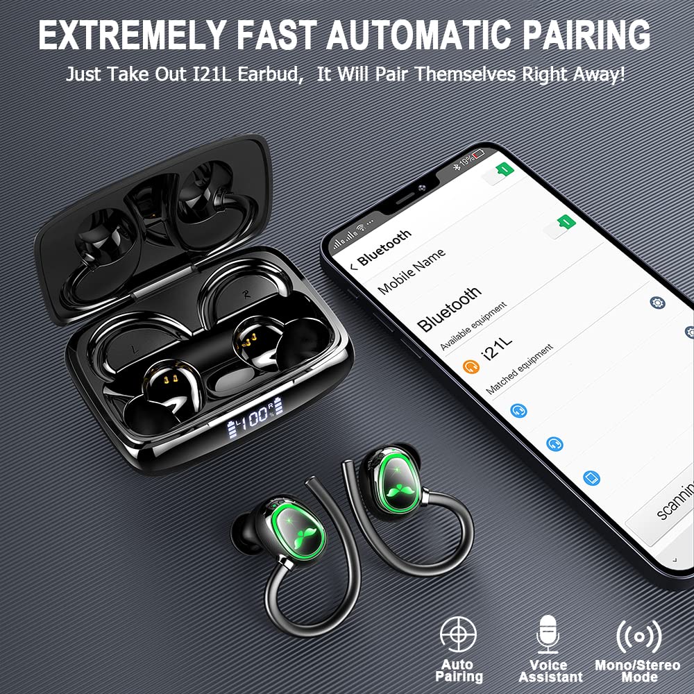 **Wireless Earbuds Bluetooth 5.3 with Dual Mic Noise Cancelling, IP7 Waterproof Sport Earhook Headphones, 48H Playtime & LED Display, USB-C Charging – Perfect for Running, Gym & Travel**