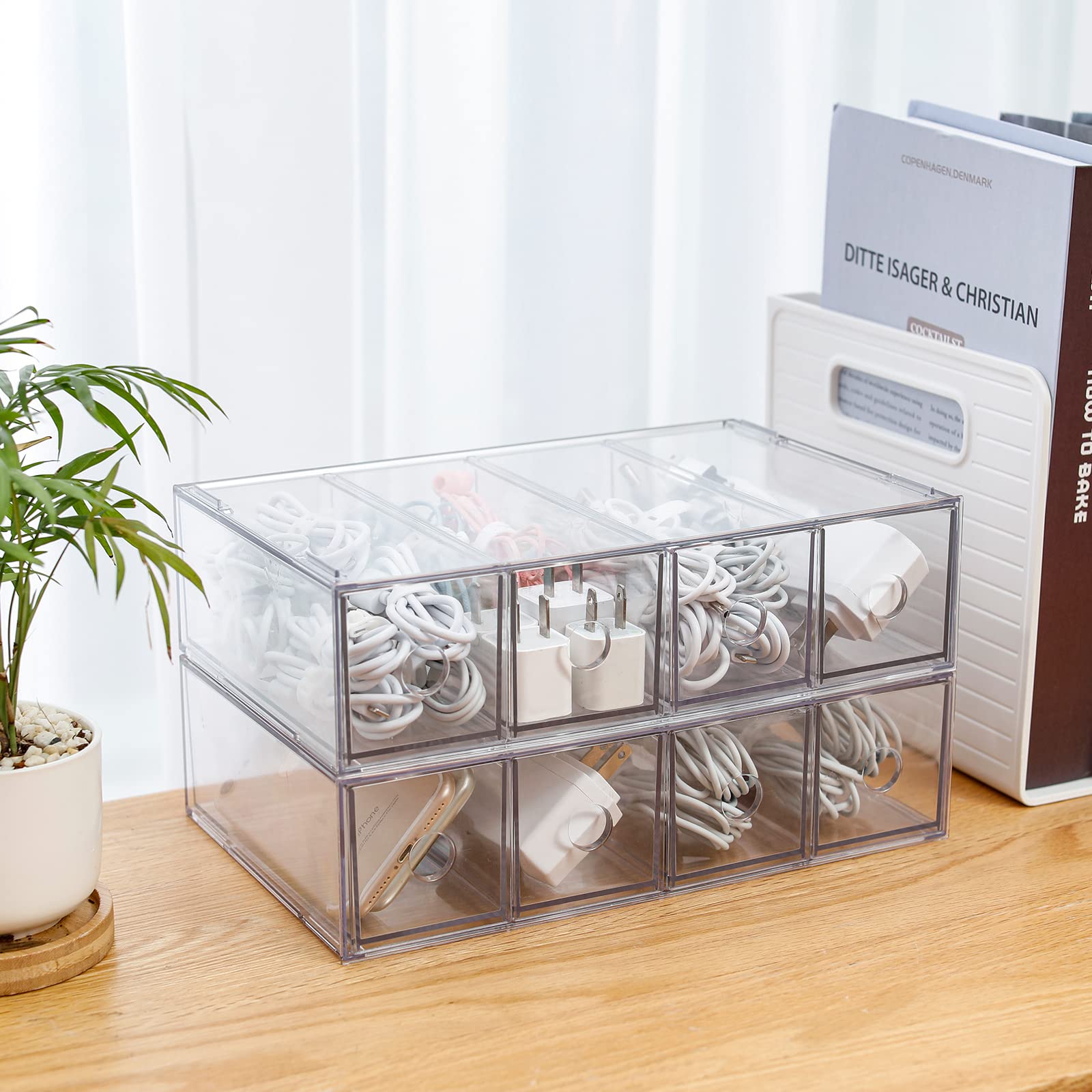 Yesesion 2-Pack Clear Cord Organizer - Cable Storage Box with 40 Wire Ties for Desk & Office Organization