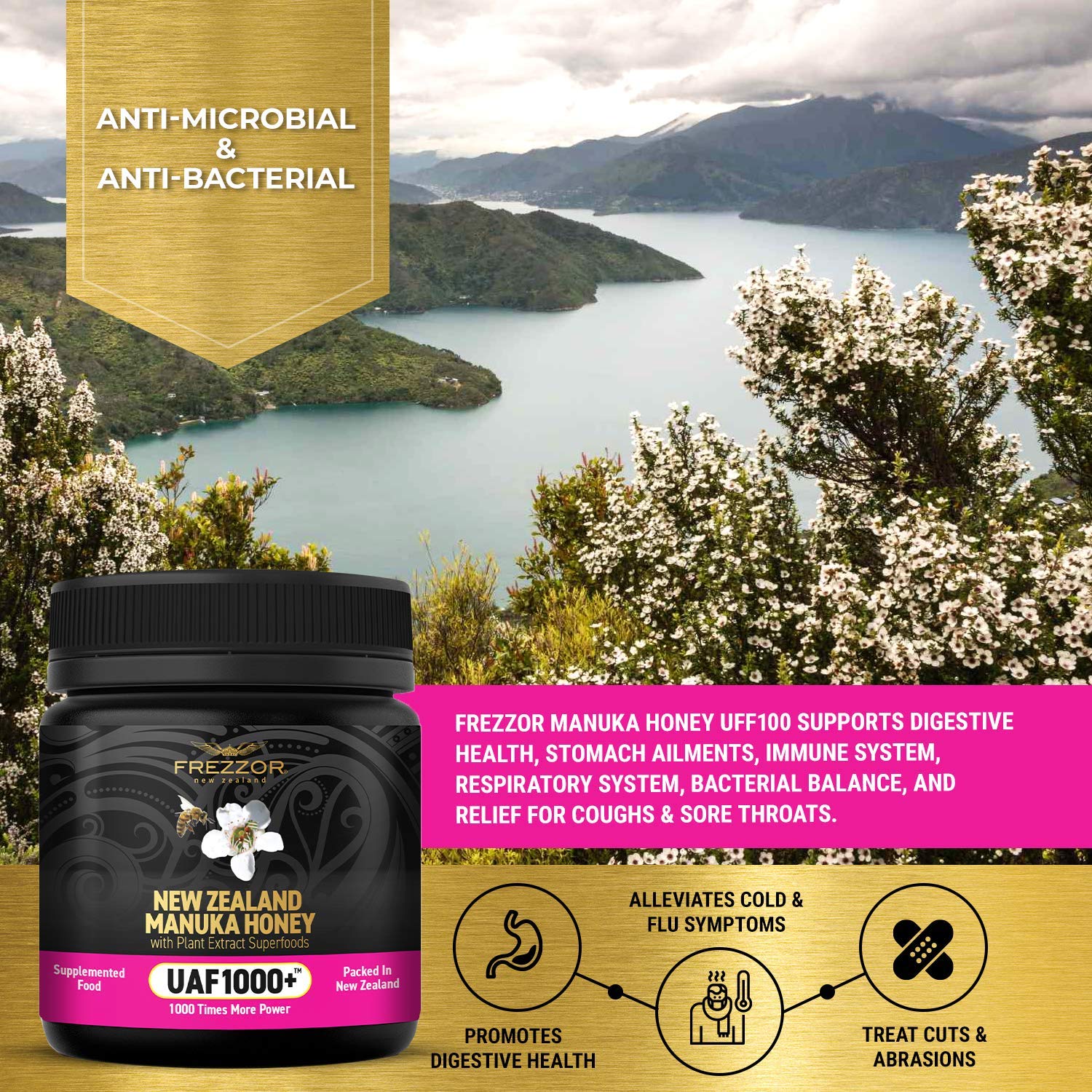 Premium Raw Manuka Honey UAF1000+ from New Zealand - 4 Jars (8.8oz/250g Each) - Superfood for Immune Support, Natural Energy Boost & Daily Wellness - Perfect for Tea, Toast, Smoothies & Healthy Recipes
